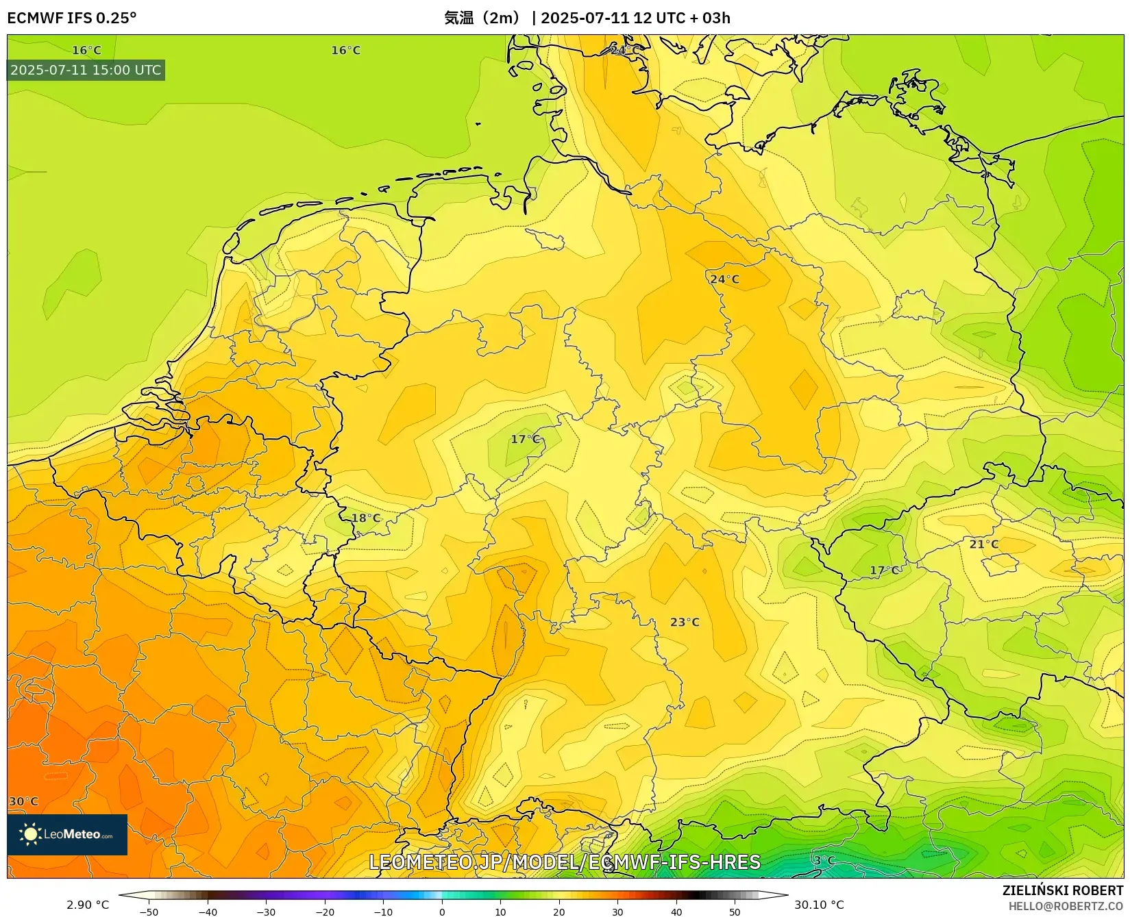 ECMWF IFS 0.25° model - ドイツ, 気温（2m）