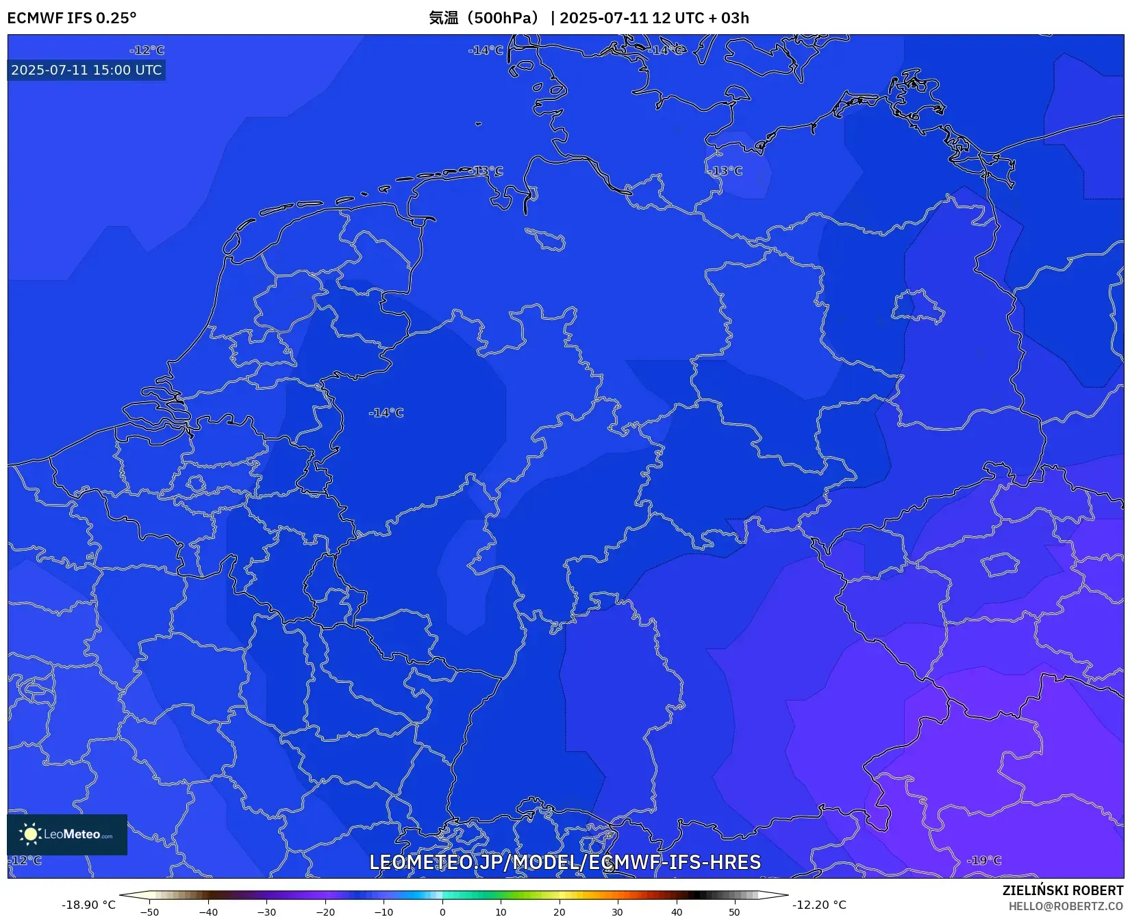 ECMWF IFS 0.25° model - ドイツ, 気温(500hPa) ECMWF IFS 0.25° model - ドイツ, 気温(500hPa)