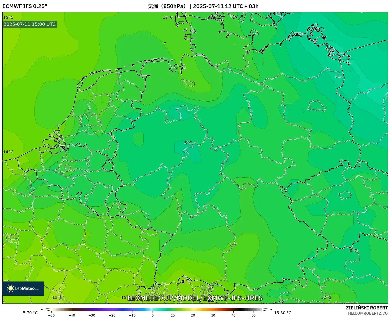 ECMWF IFS 0.25° model - ドイツ, 気温(850hPa) ECMWF IFS 0.25° model - ドイツ, 気温(850hPa)