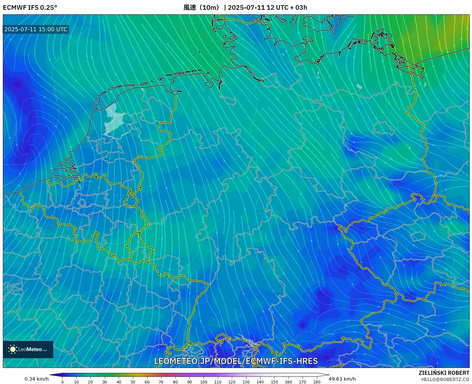 ECMWF IFS 0.25° model - ドイツ, 風速(10m) ECMWF IFS 0.25° model - ドイツ, 風速(10m)