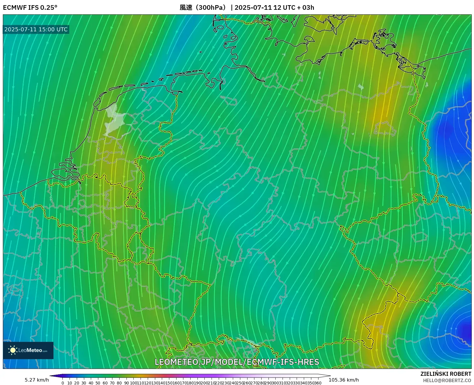 ECMWF IFS 0.25° model - ドイツ, 風速（300hPa）