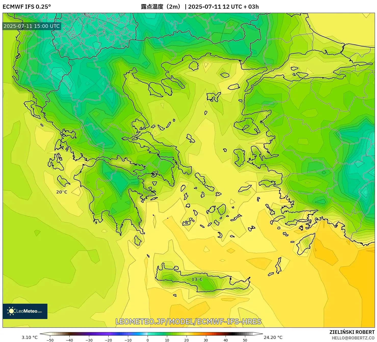 ECMWF IFS 0.25° model - ギリシャ, 露点温度(2m) ECMWF IFS 0.25° model - ギリシャ, 露点温度(2m)