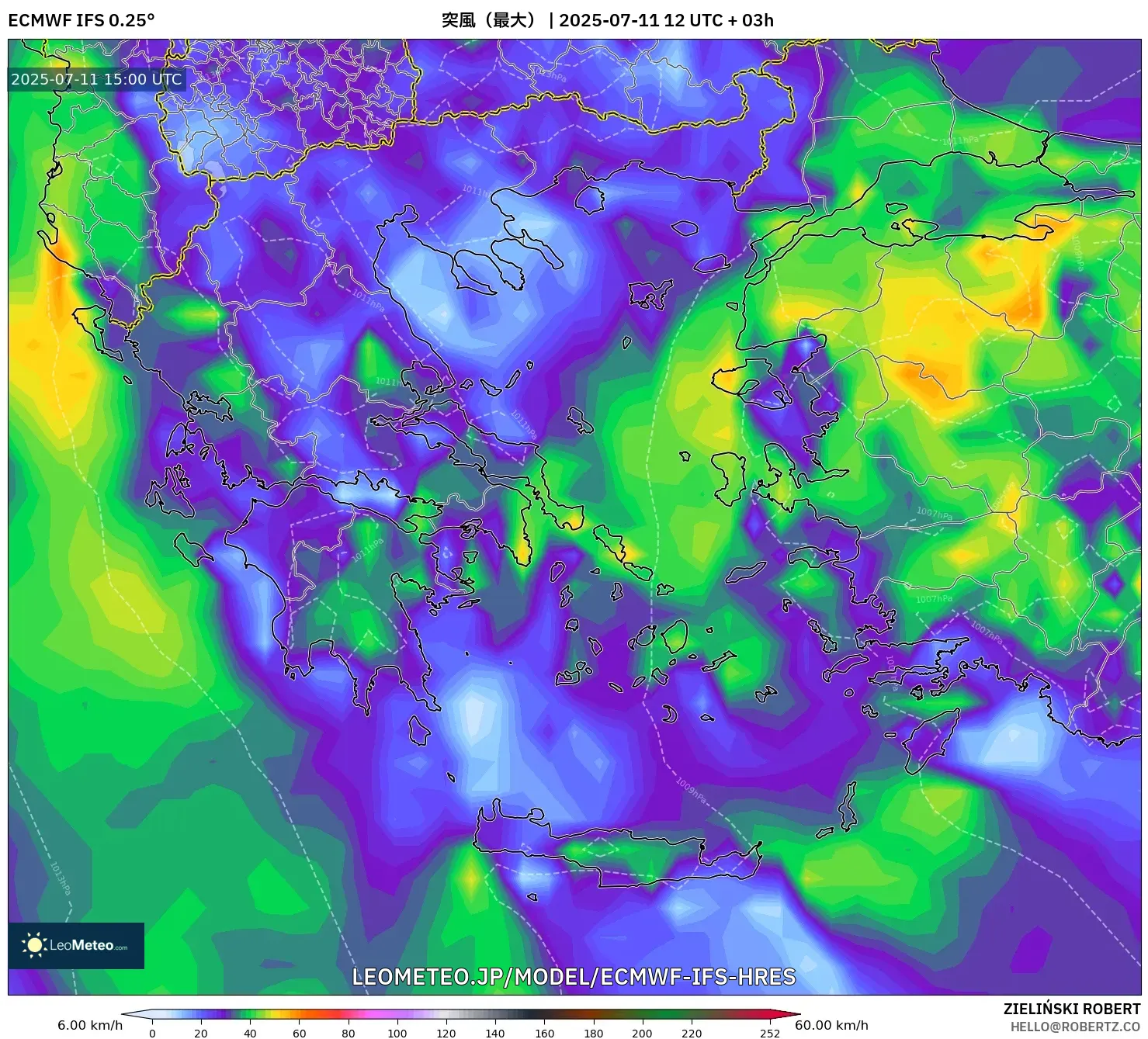 ECMWF IFS 0.25° model - ギリシャ, 突風(最大) ECMWF IFS 0.25° model - ギリシャ, 突風(最大)