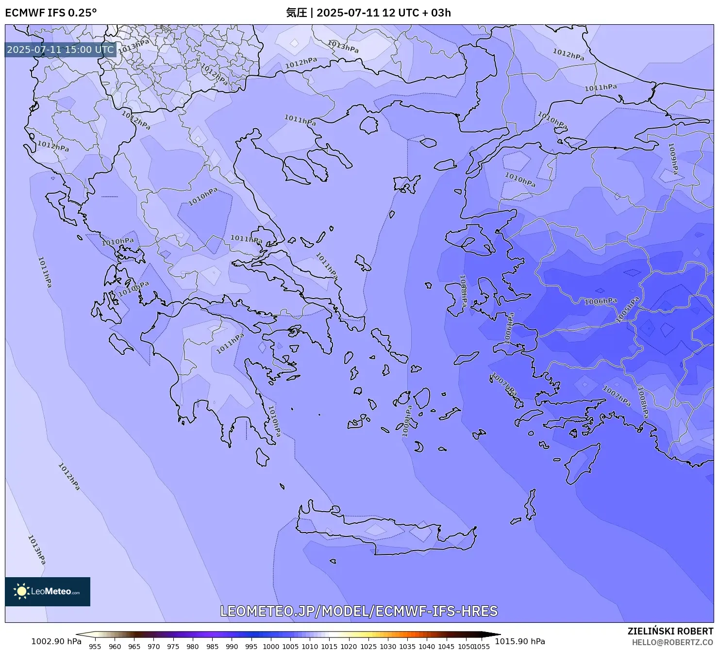 ECMWF IFS 0.25° model - ギリシャ, 気圧 ECMWF IFS 0.25° model - ギリシャ, 気圧