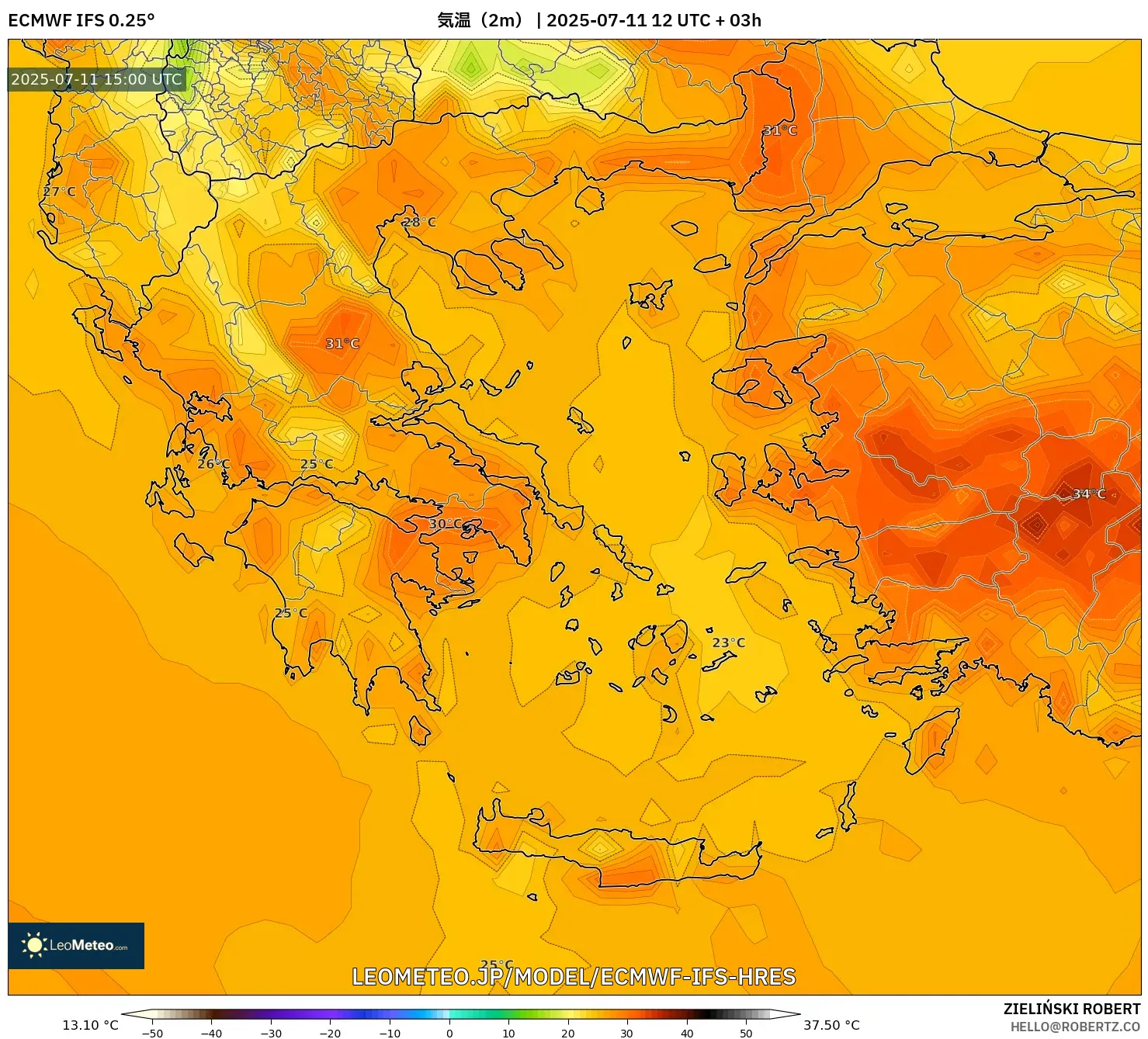 ECMWF IFS 0.25° model - ギリシャ, 気温(2m) ECMWF IFS 0.25° model - ギリシャ, 気温(2m)