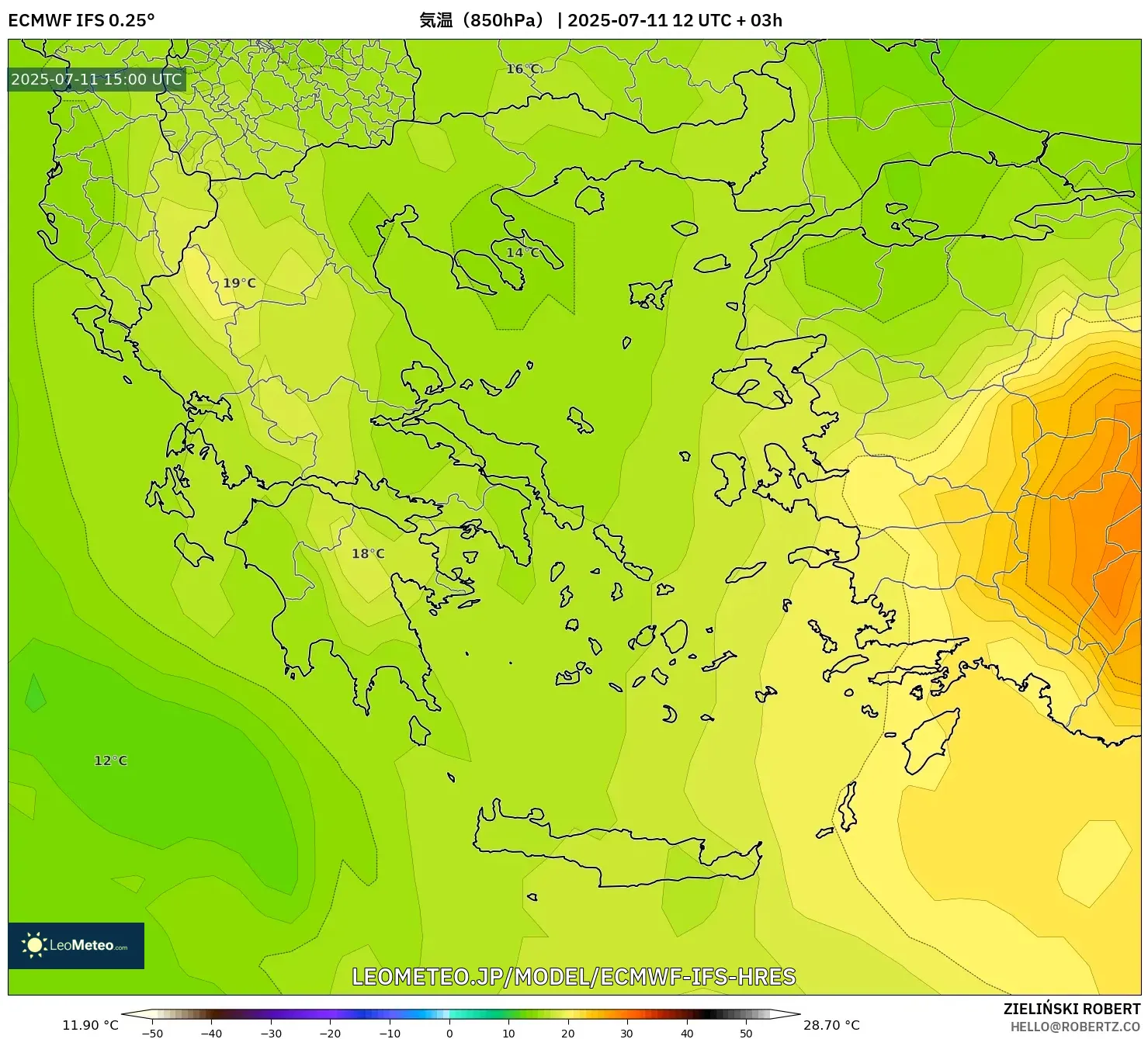ECMWF IFS 0.25° model - ギリシャ, 気温（850hPa）