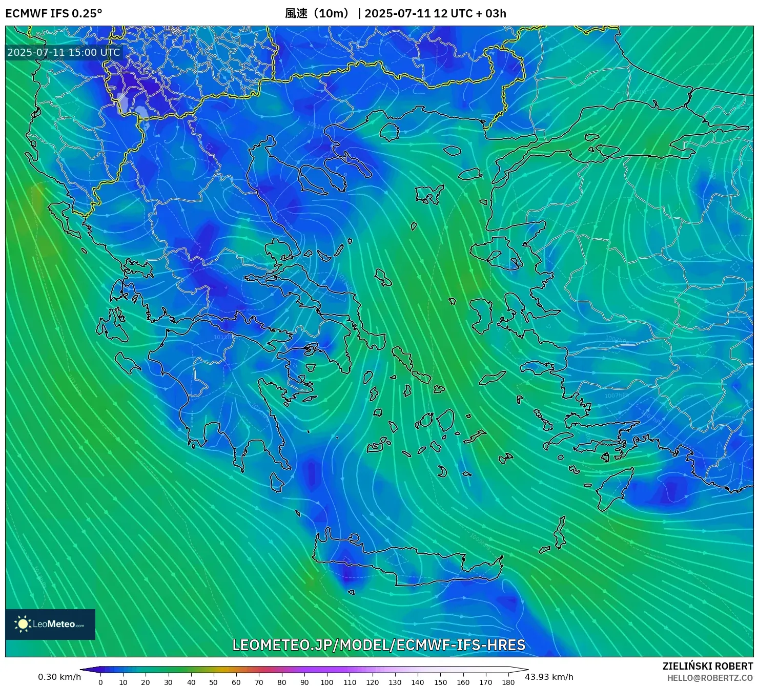 ECMWF IFS 0.25° model - ギリシャ, 風速(10m) ECMWF IFS 0.25° model - ギリシャ, 風速(10m)