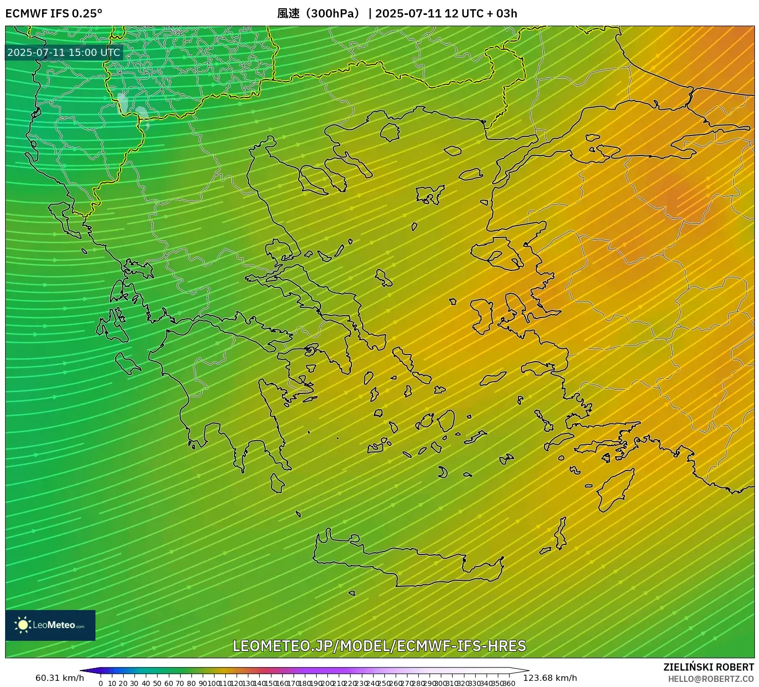 ECMWF IFS 0.25° model - ギリシャ, 風速(300hPa) ECMWF IFS 0.25° model - ギリシャ, 風速(300hPa)