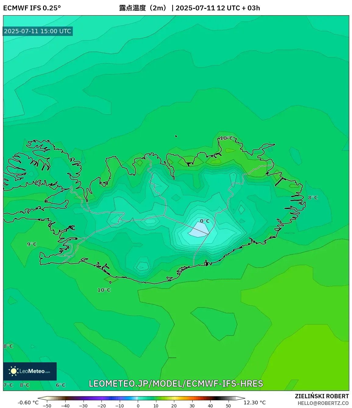 ECMWF IFS 0.25° model - アイスランド, 露点温度(2m) ECMWF IFS 0.25° model - アイスランド, 露点温度(2m)