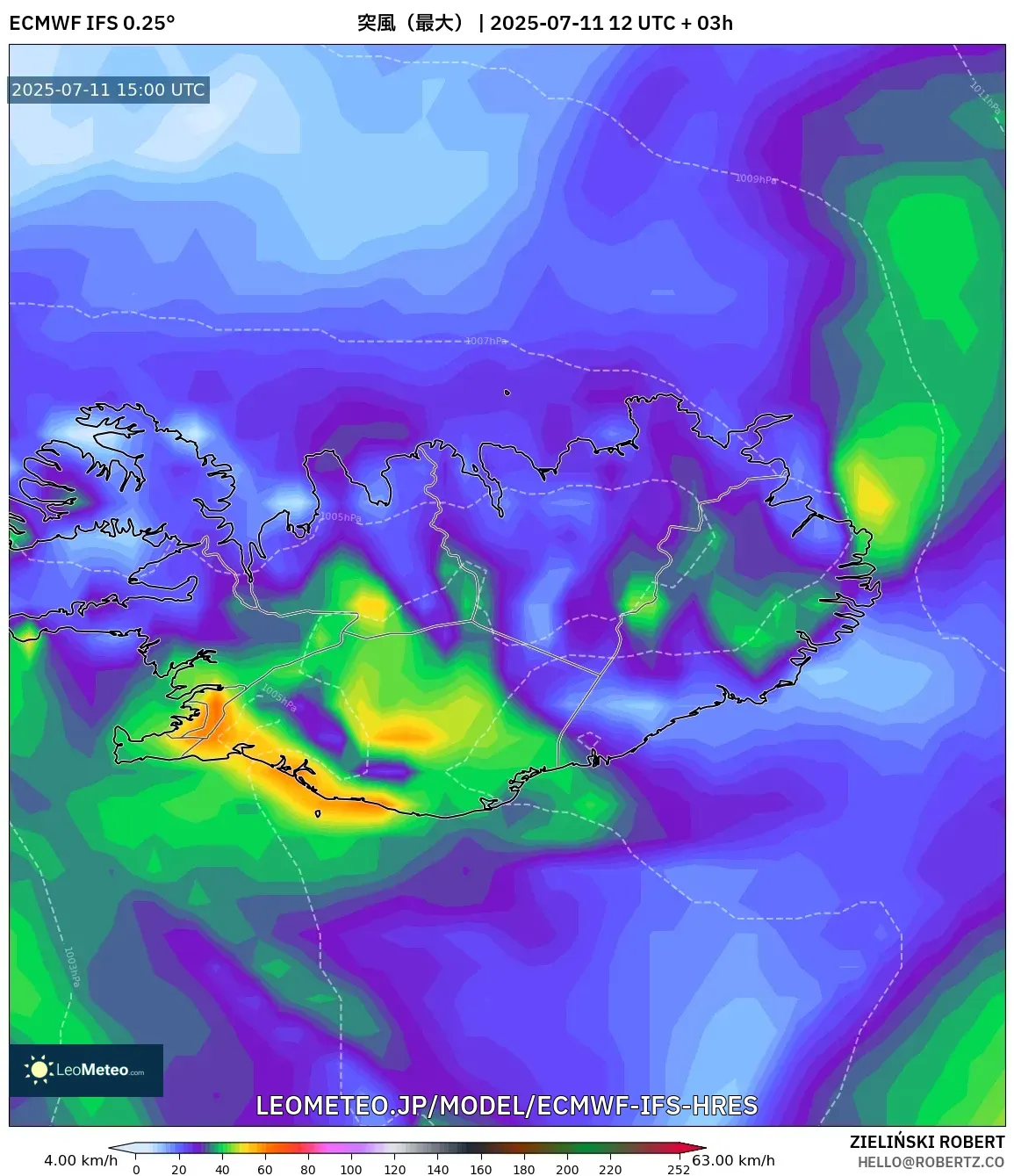 ECMWF IFS 0.25° model - アイスランド, 突風(最大) ECMWF IFS 0.25° model - アイスランド, 突風(最大)