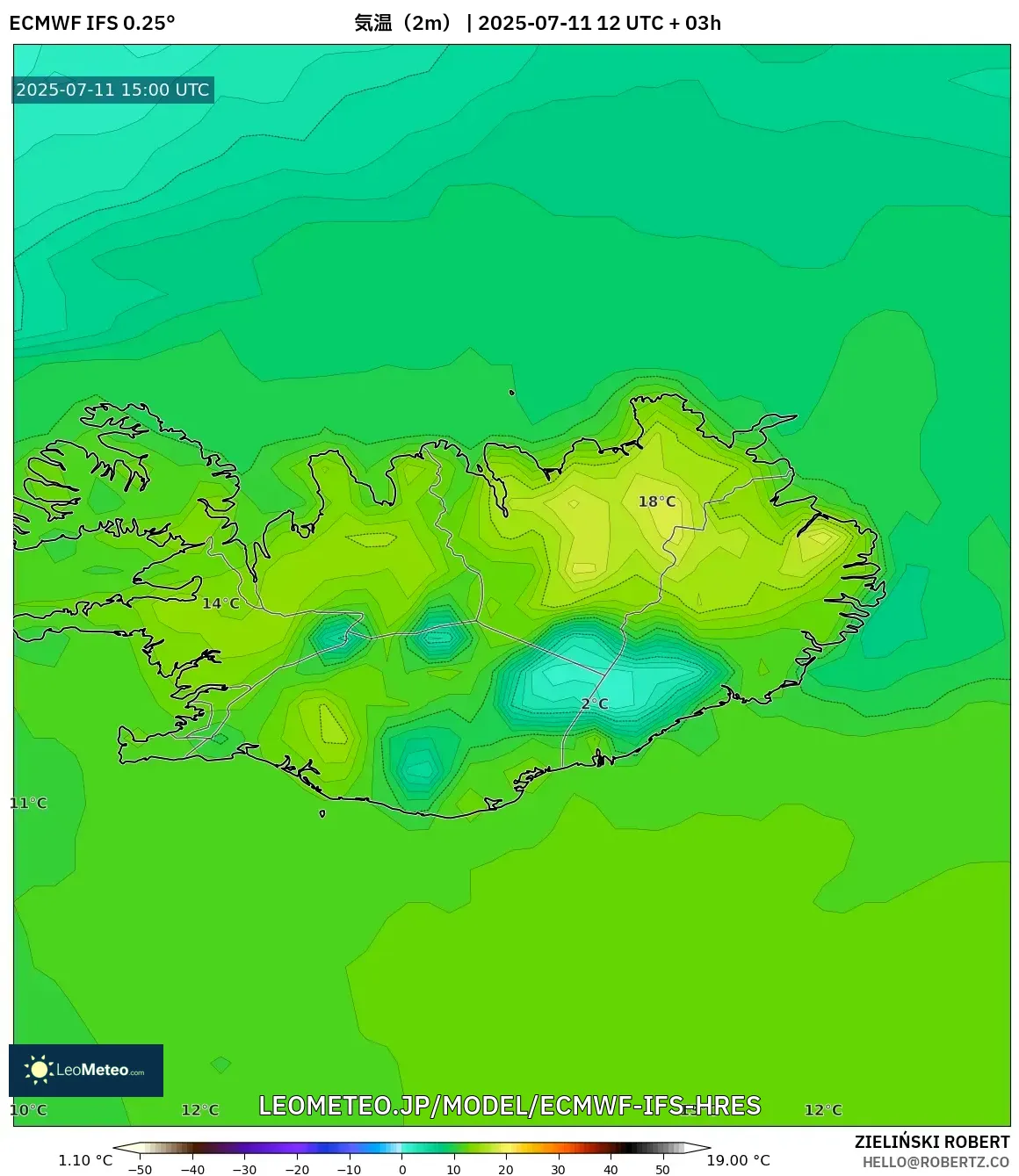 ECMWF IFS 0.25° model - アイスランド, 気温(2m) ECMWF IFS 0.25° model - アイスランド, 気温(2m)