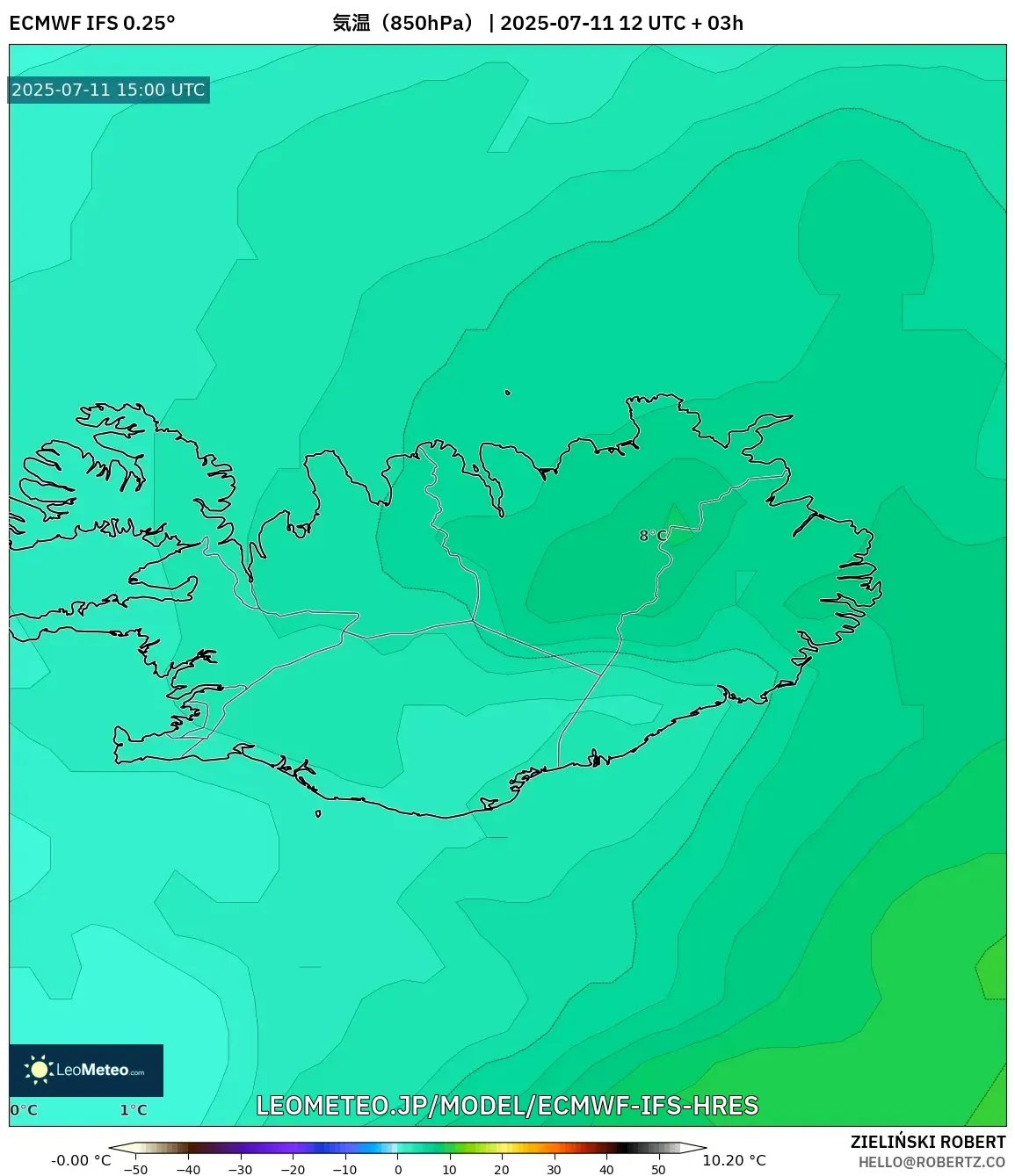 ECMWF IFS 0.25° model - アイスランド, 気温(850hPa) ECMWF IFS 0.25° model - アイスランド, 気温(850hPa)