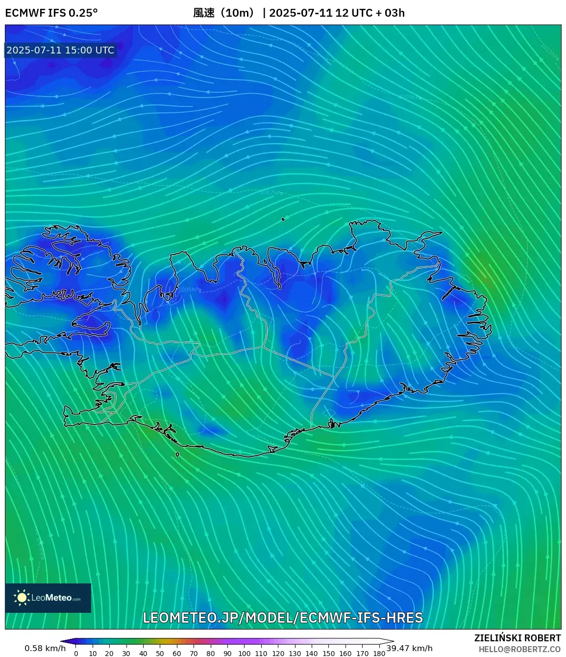 ECMWF IFS 0.25° model - アイスランド, 風速(10m) ECMWF IFS 0.25° model - アイスランド, 風速(10m)