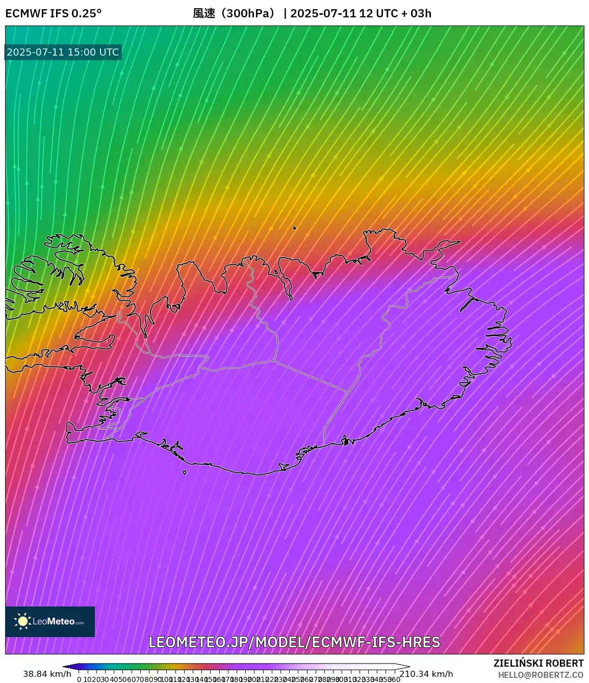 ECMWF IFS 0.25° model - アイスランド, 風速(300hPa) ECMWF IFS 0.25° model - アイスランド, 風速(300hPa)
