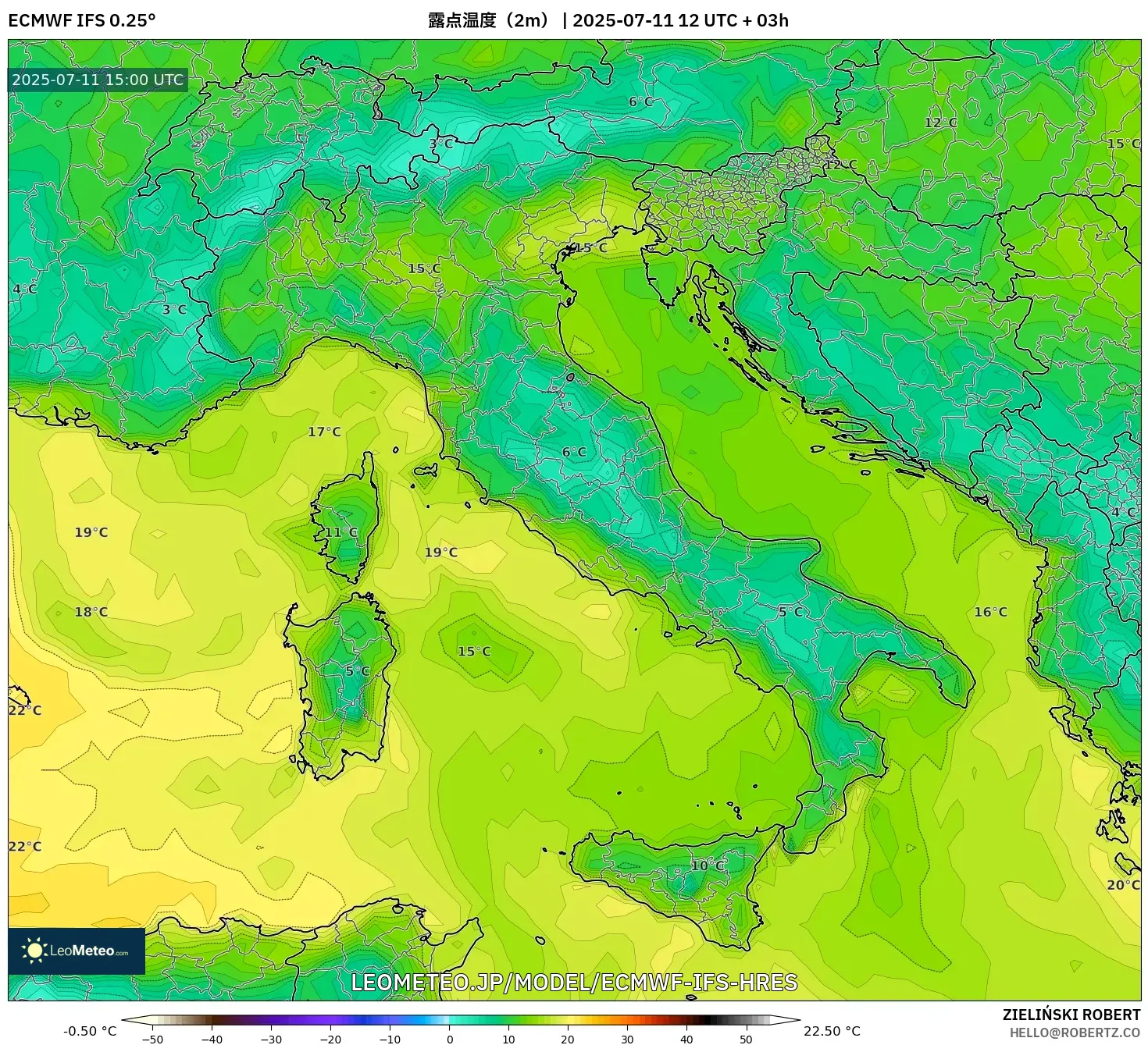 ECMWF IFS 0.25° model - イタリア, 露点温度(2m) ECMWF IFS 0.25° model - イタリア, 露点温度(2m)
