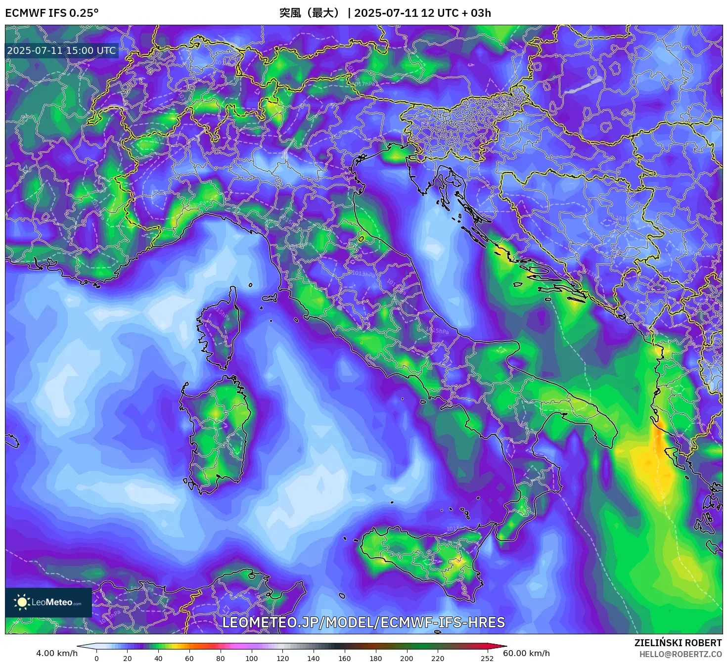 ECMWF IFS 0.25° model - イタリア, 突風(最大) ECMWF IFS 0.25° model - イタリア, 突風(最大)