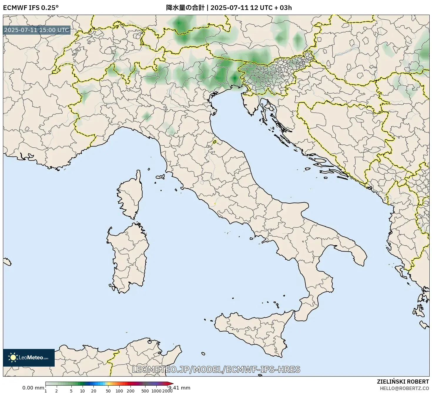 ECMWF IFS 0.25° model - イタリア, 降水量の合計