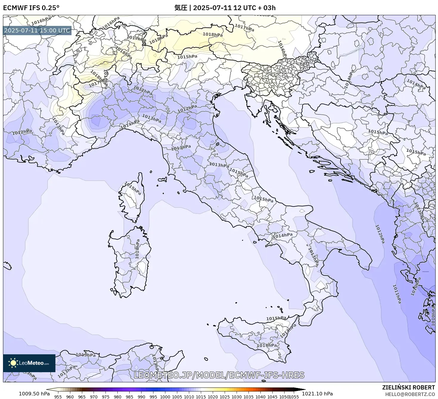 ECMWF IFS 0.25° model - イタリア, 気圧 ECMWF IFS 0.25° model - イタリア, 気圧