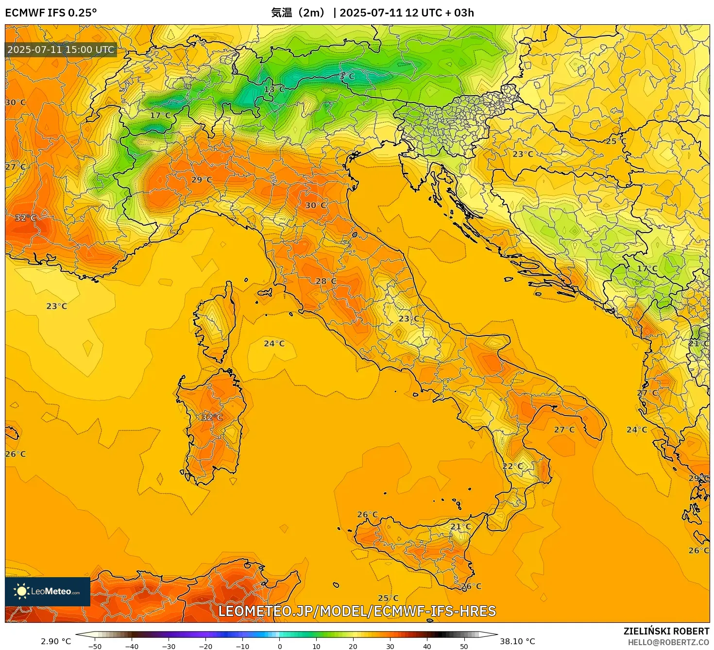 ECMWF IFS 0.25° model - イタリア, 気温(2m) ECMWF IFS 0.25° model - イタリア, 気温(2m)
