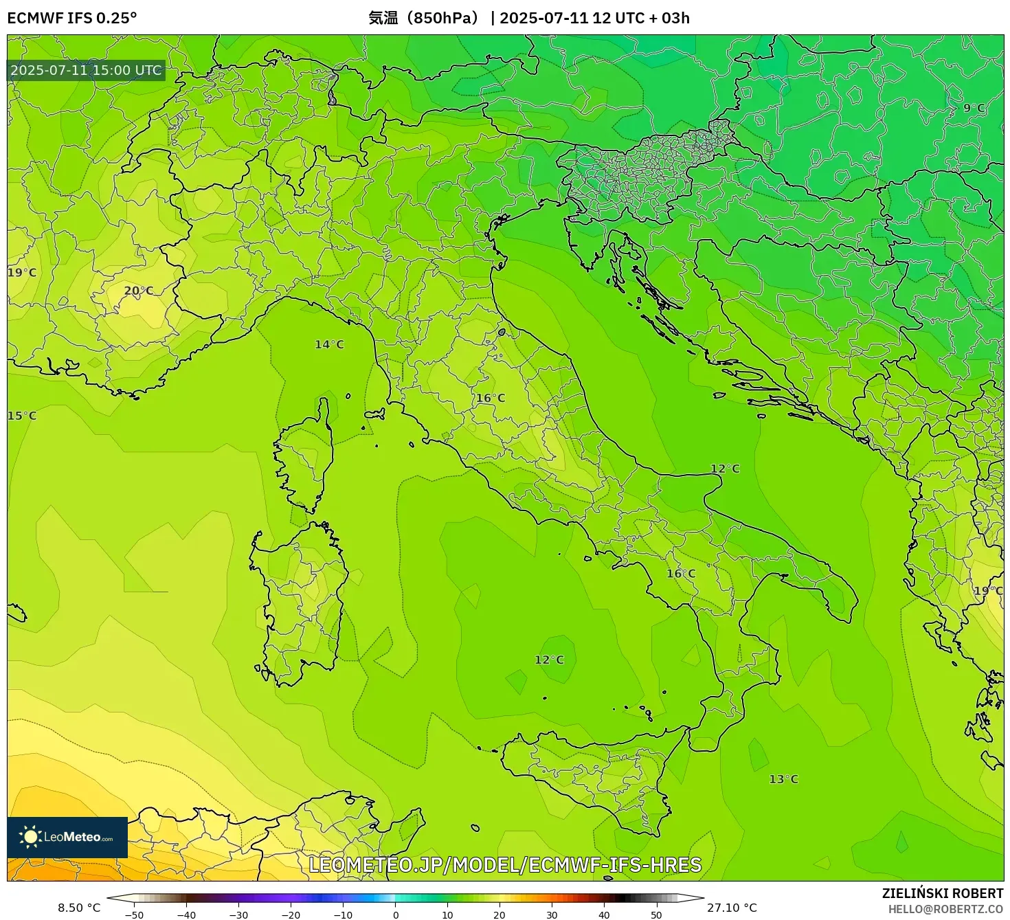 ECMWF IFS 0.25° model - イタリア, 気温(850hPa) ECMWF IFS 0.25° model - イタリア, 気温(850hPa)