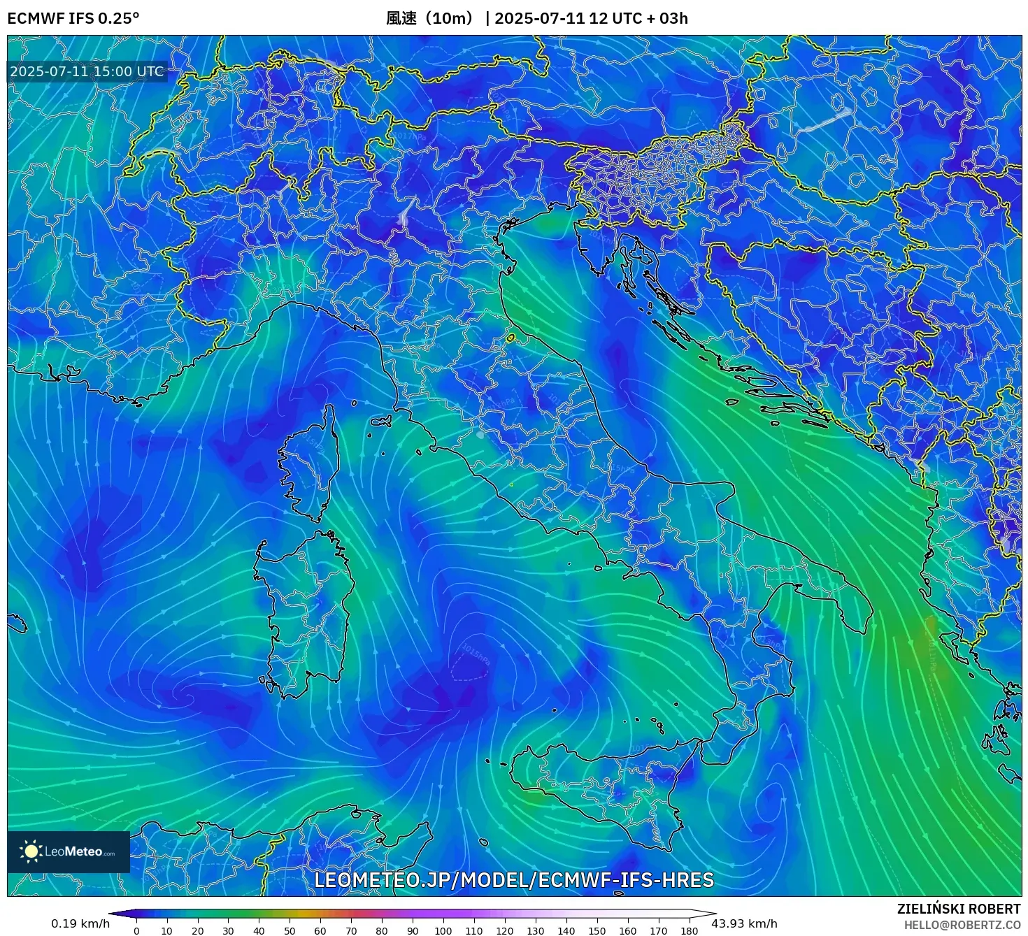 ECMWF IFS 0.25° model - イタリア, 風速(10m) ECMWF IFS 0.25° model - イタリア, 風速(10m)