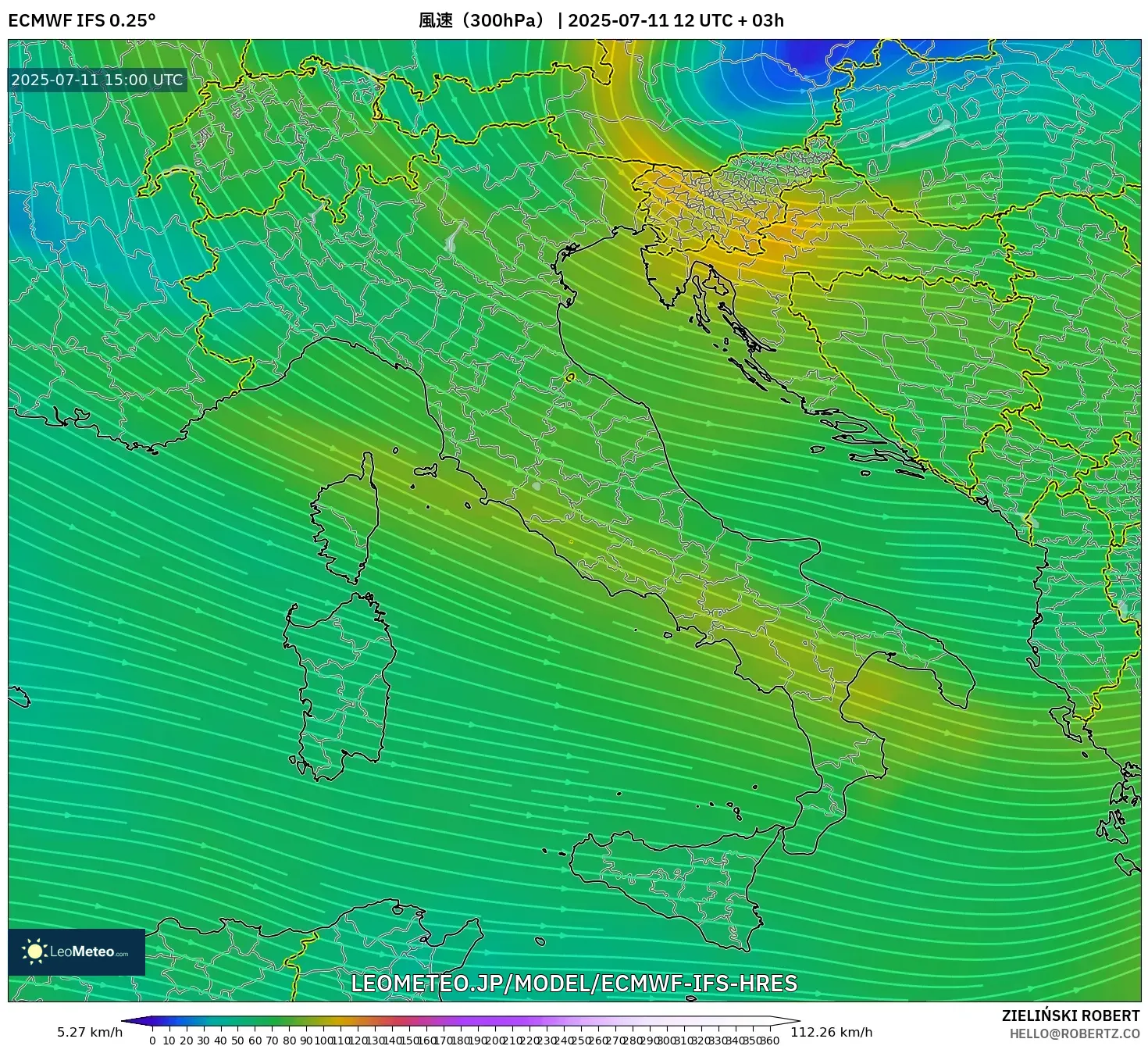 ECMWF IFS 0.25° model - イタリア, 風速(300hPa) ECMWF IFS 0.25° model - イタリア, 風速(300hPa)