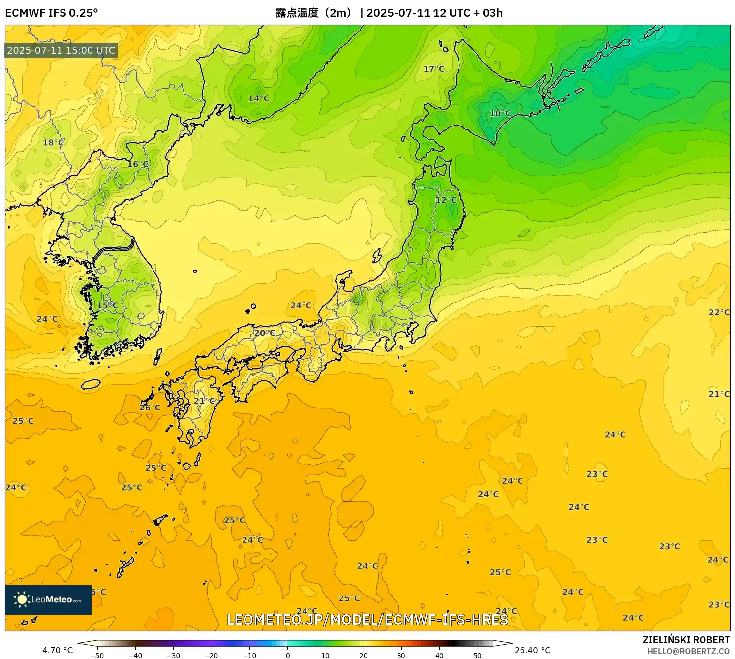 ECMWF IFS 0.25° model - 日本, 露点温度(2m) ECMWF IFS 0.25° model - 日本, 露点温度(2m)