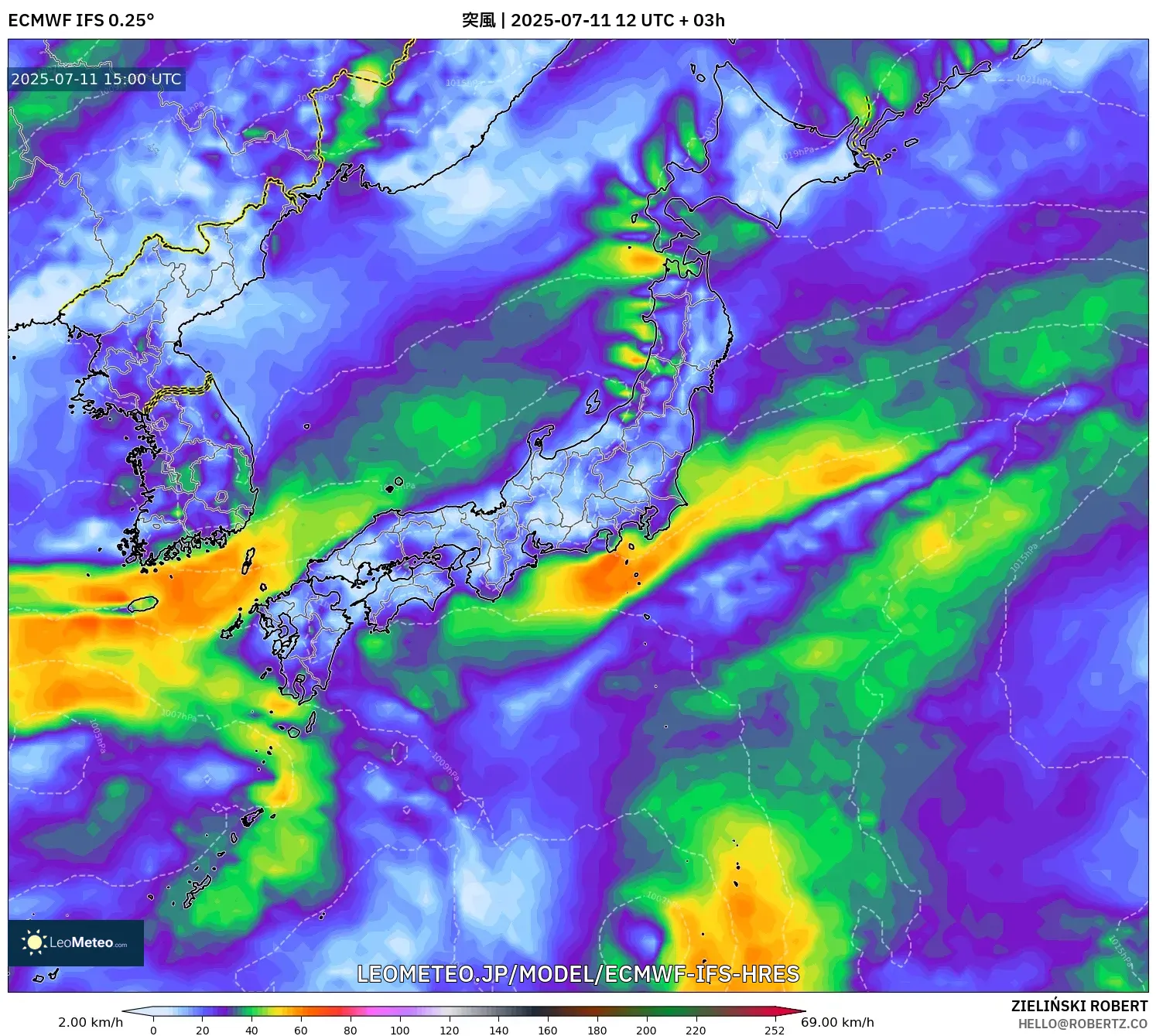 ECMWF IFS 0.25° model - 日本, 突風 ECMWF IFS 0.25° model - 日本, 突風