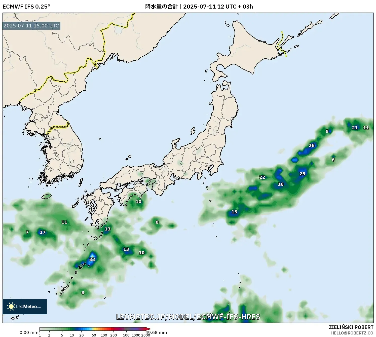 ECMWF IFS 0.25° model - 日本, 降水量の合計 ECMWF IFS 0.25° model - 日本, 降水量の合計