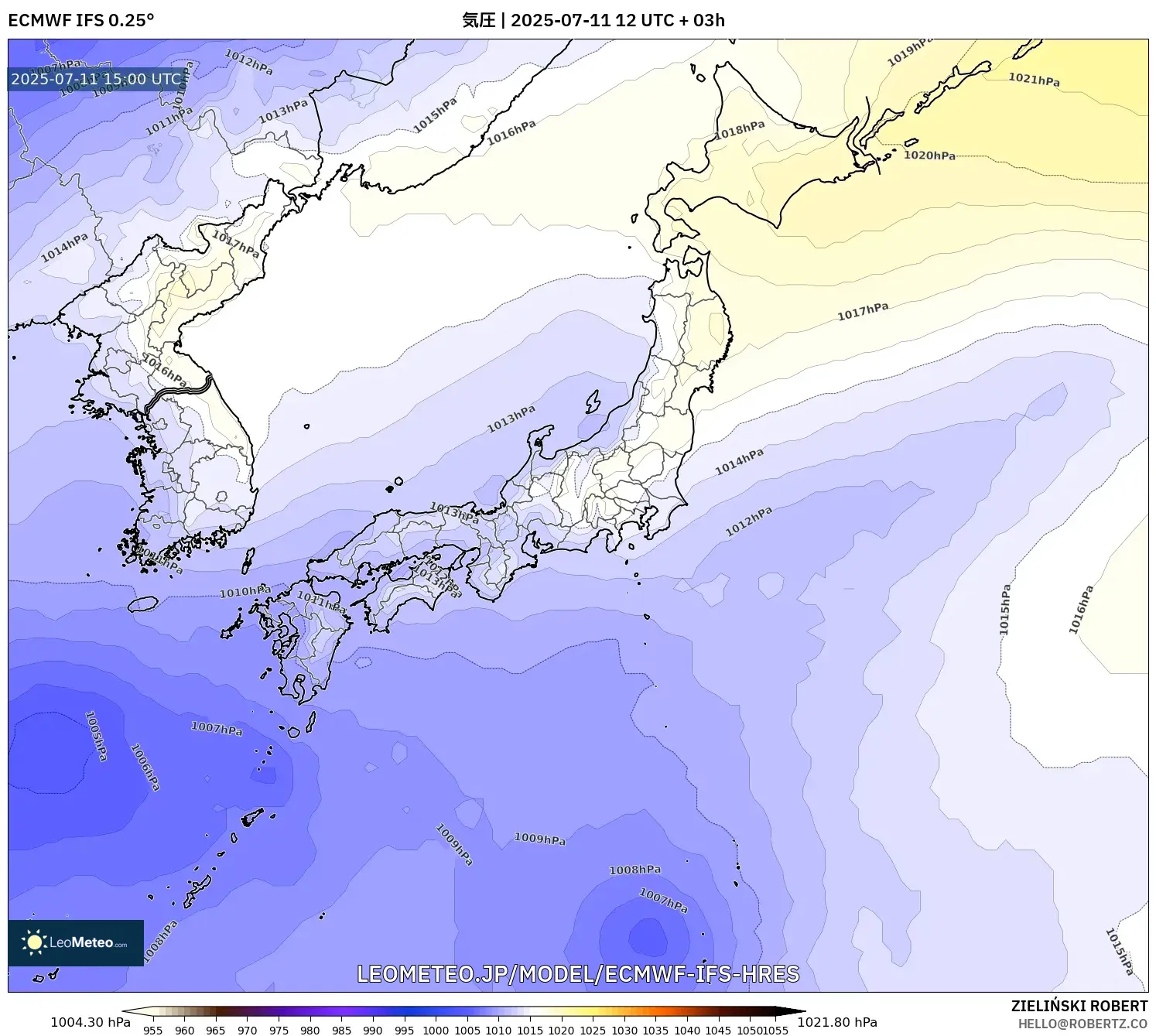 ECMWF IFS 0.25° model - 日本, 気圧 ECMWF IFS 0.25° model - 日本, 気圧