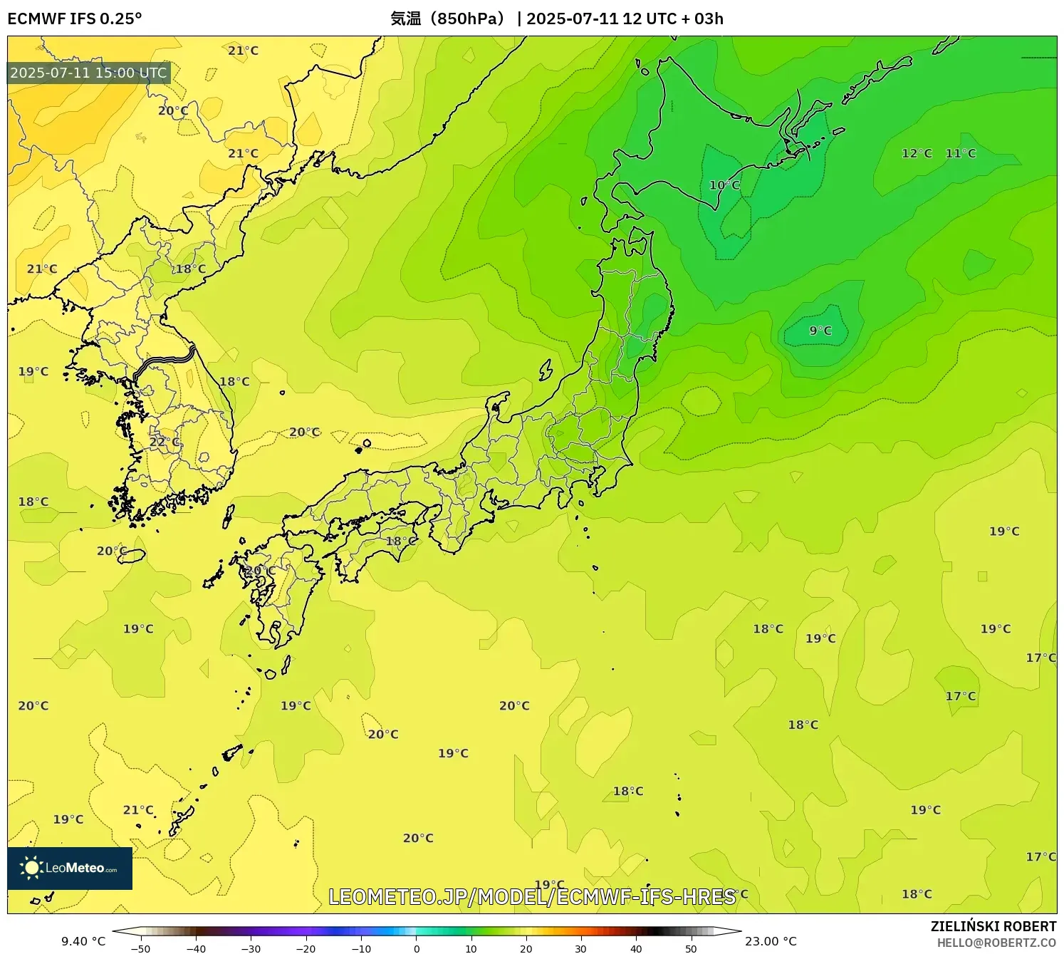 ECMWF IFS 0.25° model - 日本, 気温(850hPa) ECMWF IFS 0.25° model - 日本, 気温(850hPa)