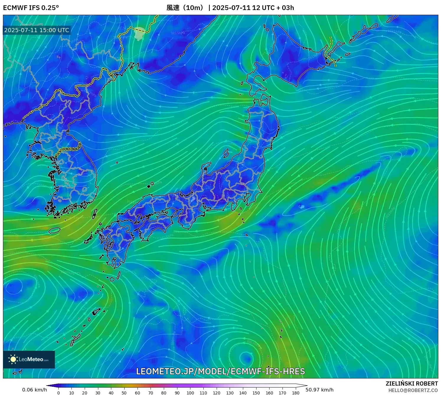 ECMWF IFS 0.25° model - 日本, 風速(10m) ECMWF IFS 0.25° model - 日本, 風速(10m)