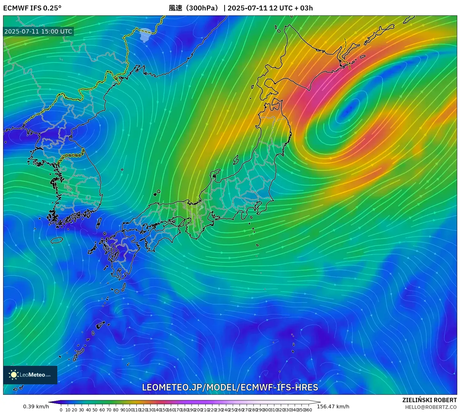 ECMWF IFS 0.25° model - 日本, 風速（300hPa）