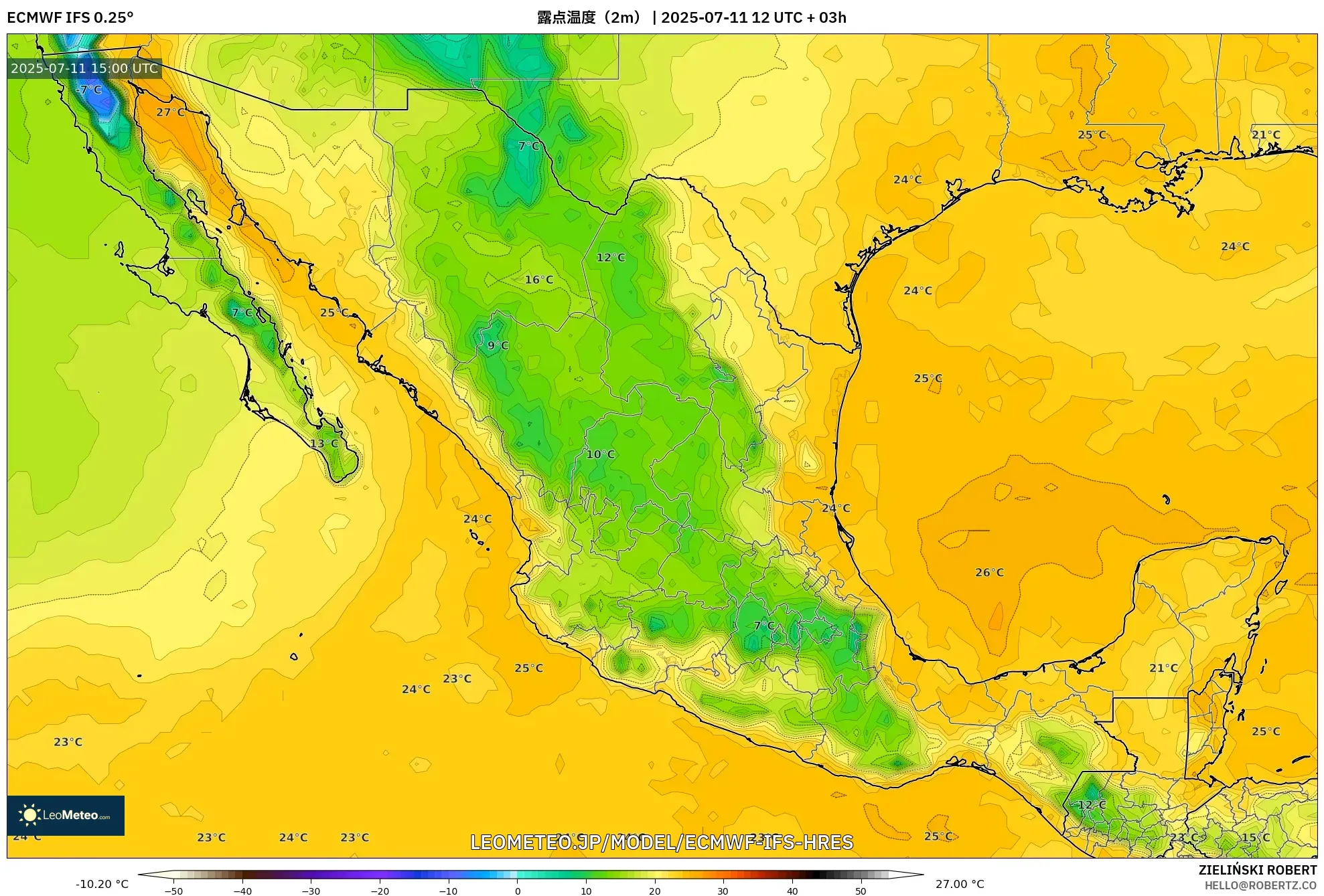 ECMWF IFS 0.25° model - メキシコ, 露点温度(2m) ECMWF IFS 0.25° model - メキシコ, 露点温度(2m)