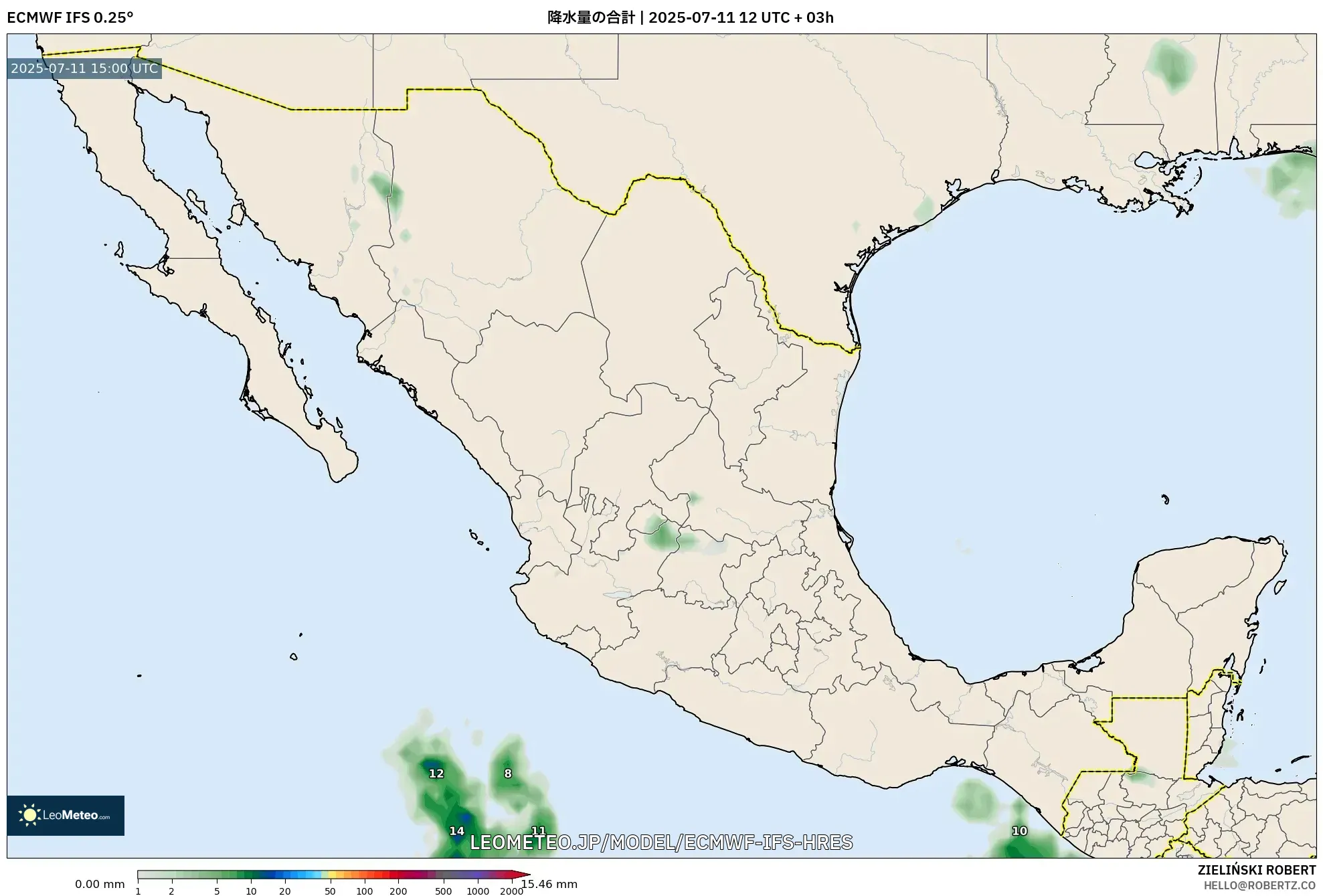 ECMWF IFS 0.25° model - メキシコ, 降水量の合計 ECMWF IFS 0.25° model - メキシコ, 降水量の合計