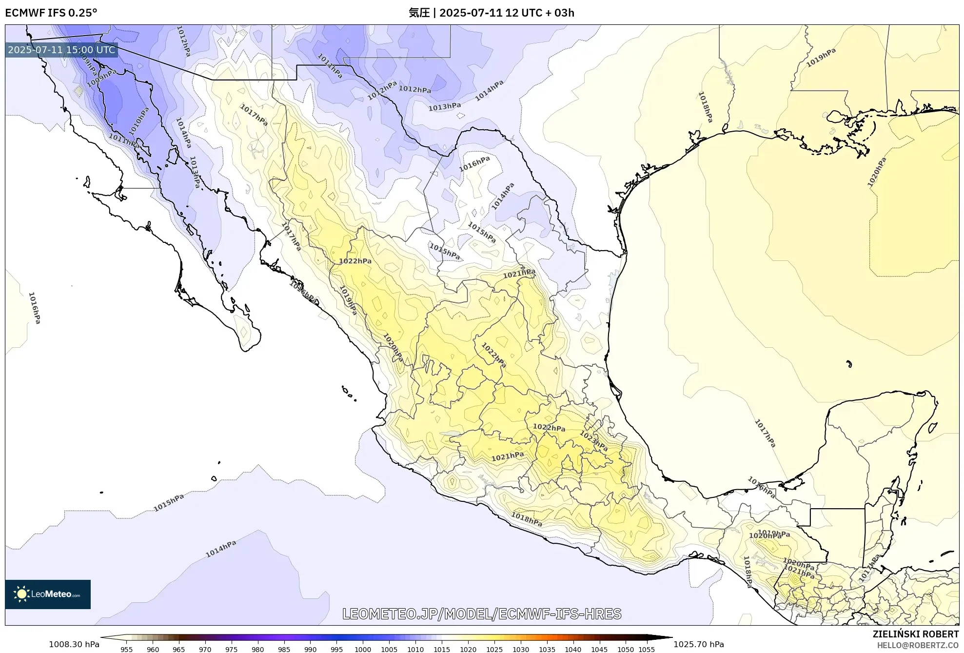 ECMWF IFS 0.25° model - メキシコ, 気圧 ECMWF IFS 0.25° model - メキシコ, 気圧