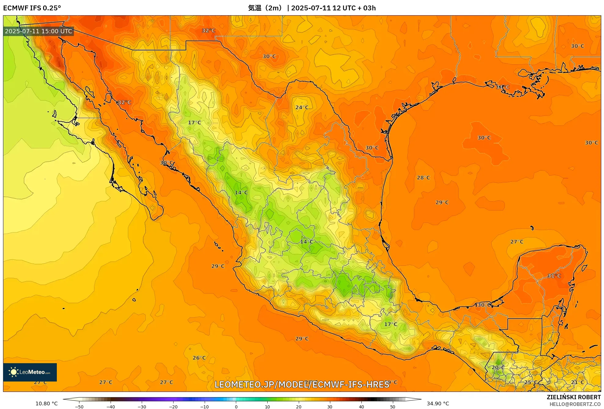 ECMWF IFS 0.25° model - メキシコ, 気温（2m）