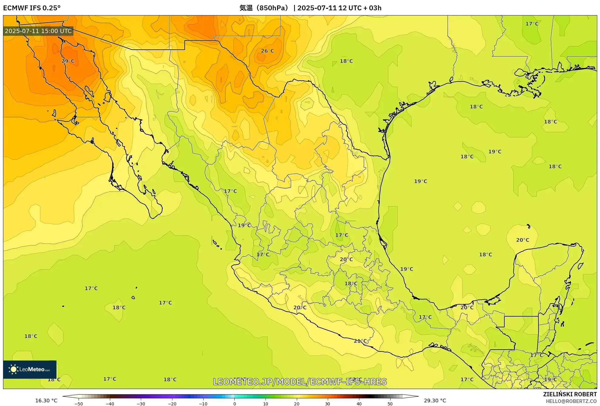 ECMWF IFS 0.25° model - メキシコ, 気温(850hPa) ECMWF IFS 0.25° model - メキシコ, 気温(850hPa)