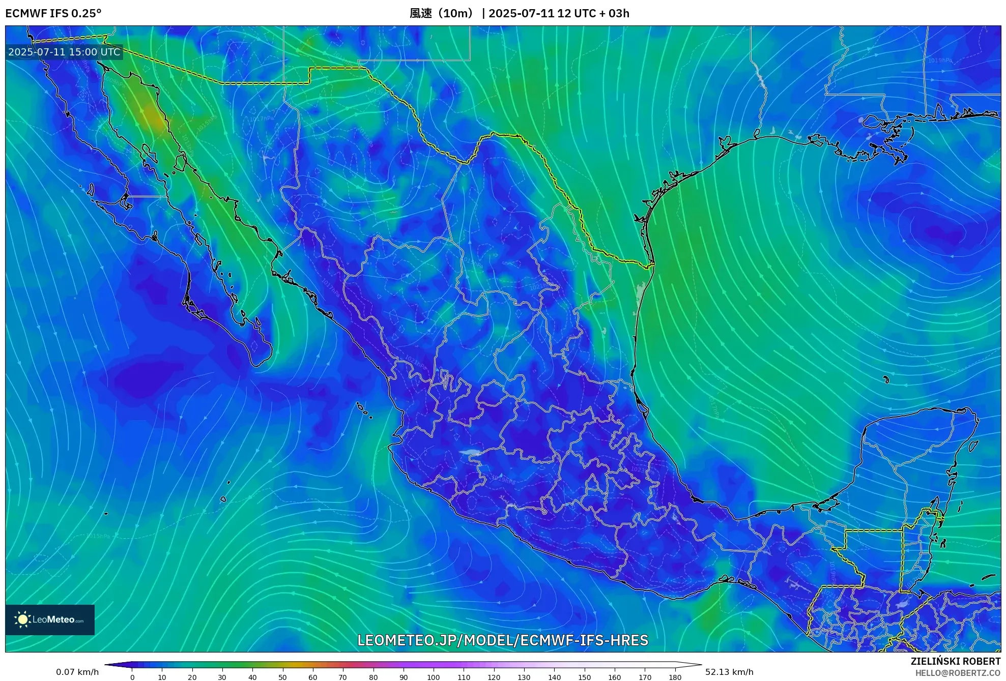 ECMWF IFS 0.25° model - メキシコ, 風速(10m) ECMWF IFS 0.25° model - メキシコ, 風速(10m)