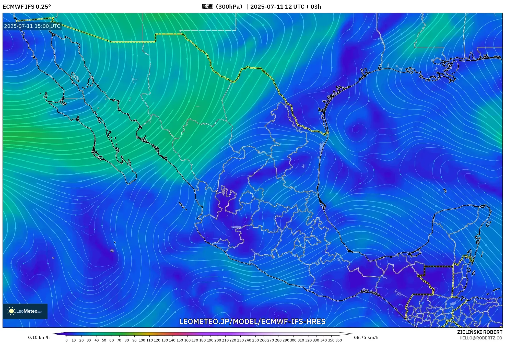 ECMWF IFS 0.25° model - メキシコ, 風速(300hPa) ECMWF IFS 0.25° model - メキシコ, 風速(300hPa)