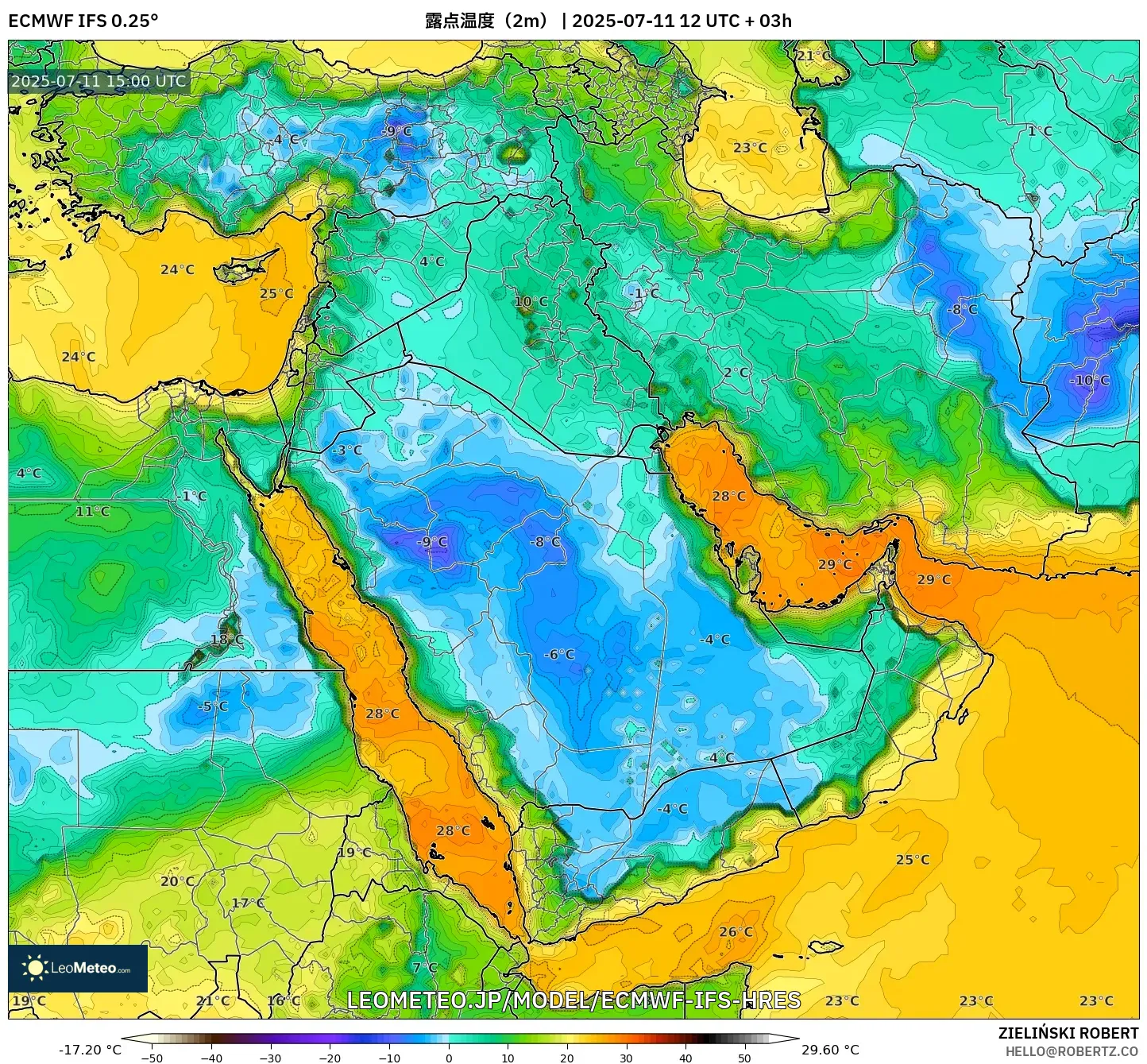 ECMWF IFS 0.25° model - 中東, 露点温度(2m) ECMWF IFS 0.25° model - 中東, 露点温度(2m)