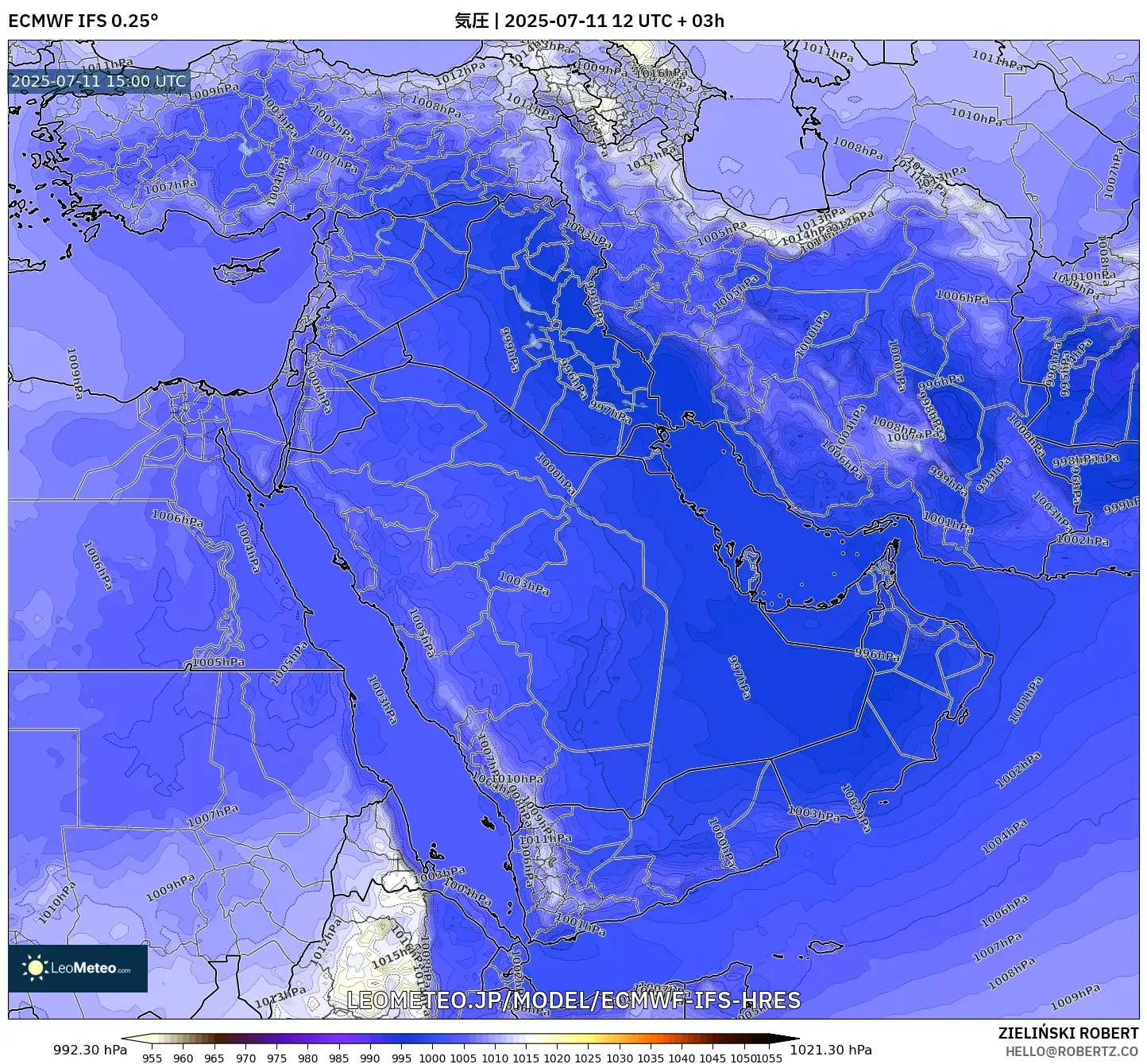 ECMWF IFS 0.25° model - 中東, 気圧 ECMWF IFS 0.25° model - 中東, 気圧