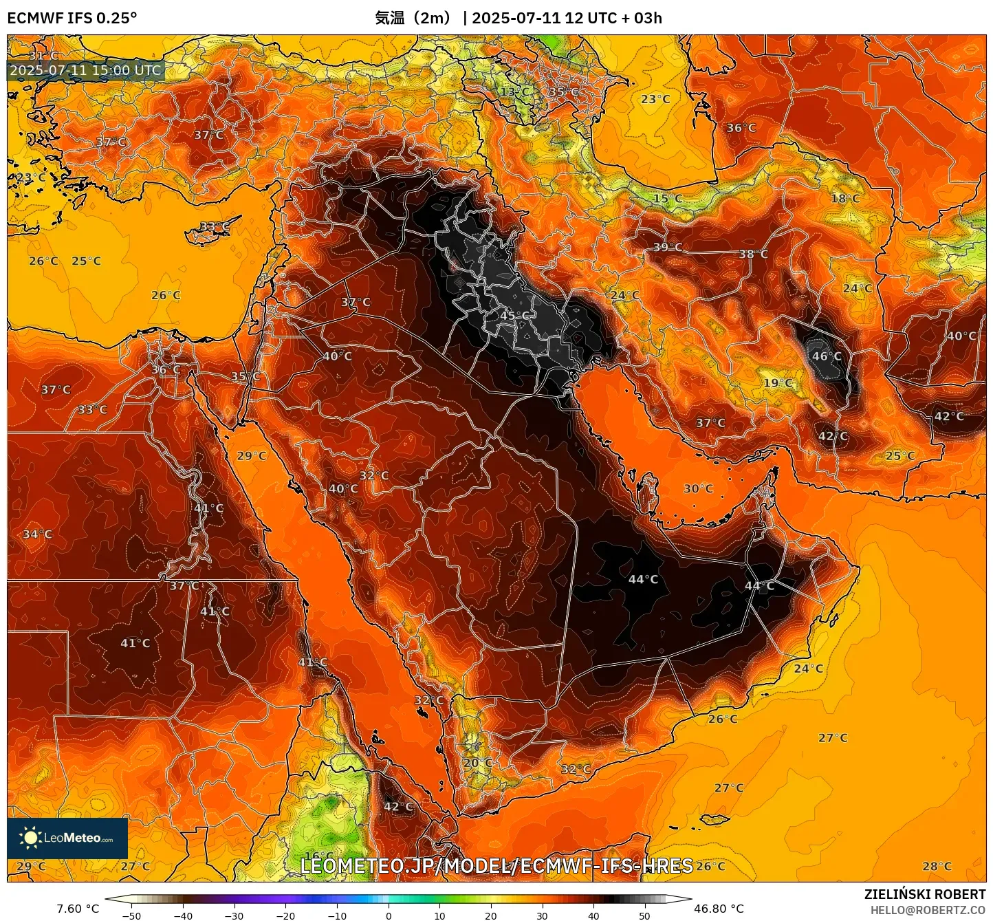 ECMWF IFS 0.25° model - 中東, 気温(2m) ECMWF IFS 0.25° model - 中東, 気温(2m)