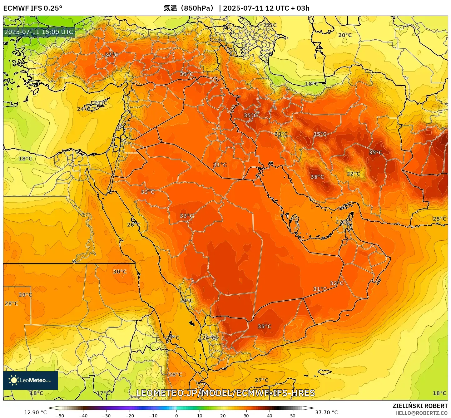 ECMWF IFS 0.25° model - 中東, 気温(850hPa) ECMWF IFS 0.25° model - 中東, 気温(850hPa)