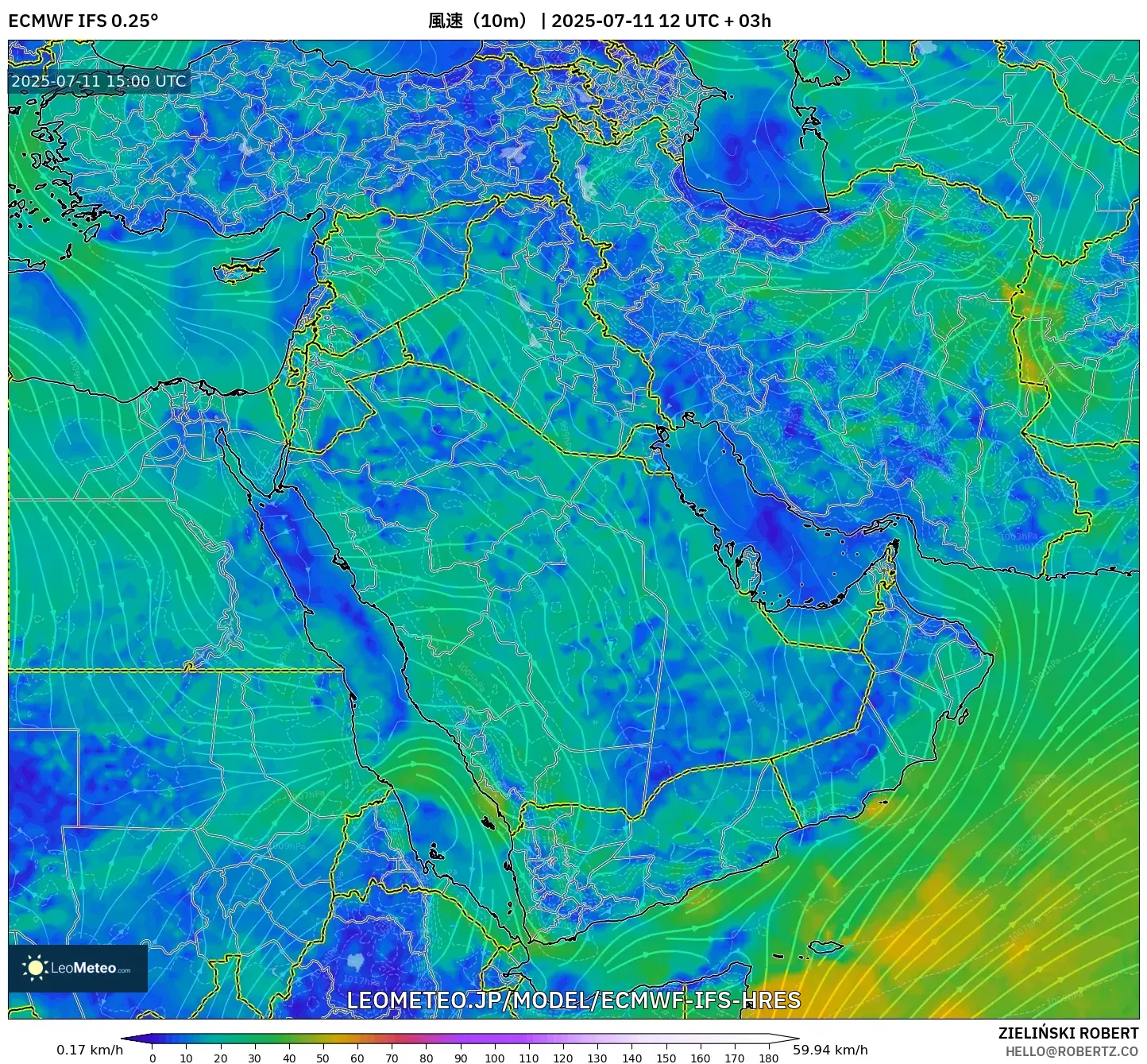 ECMWF IFS 0.25° model - 中東, 風速(10m) ECMWF IFS 0.25° model - 中東, 風速(10m)