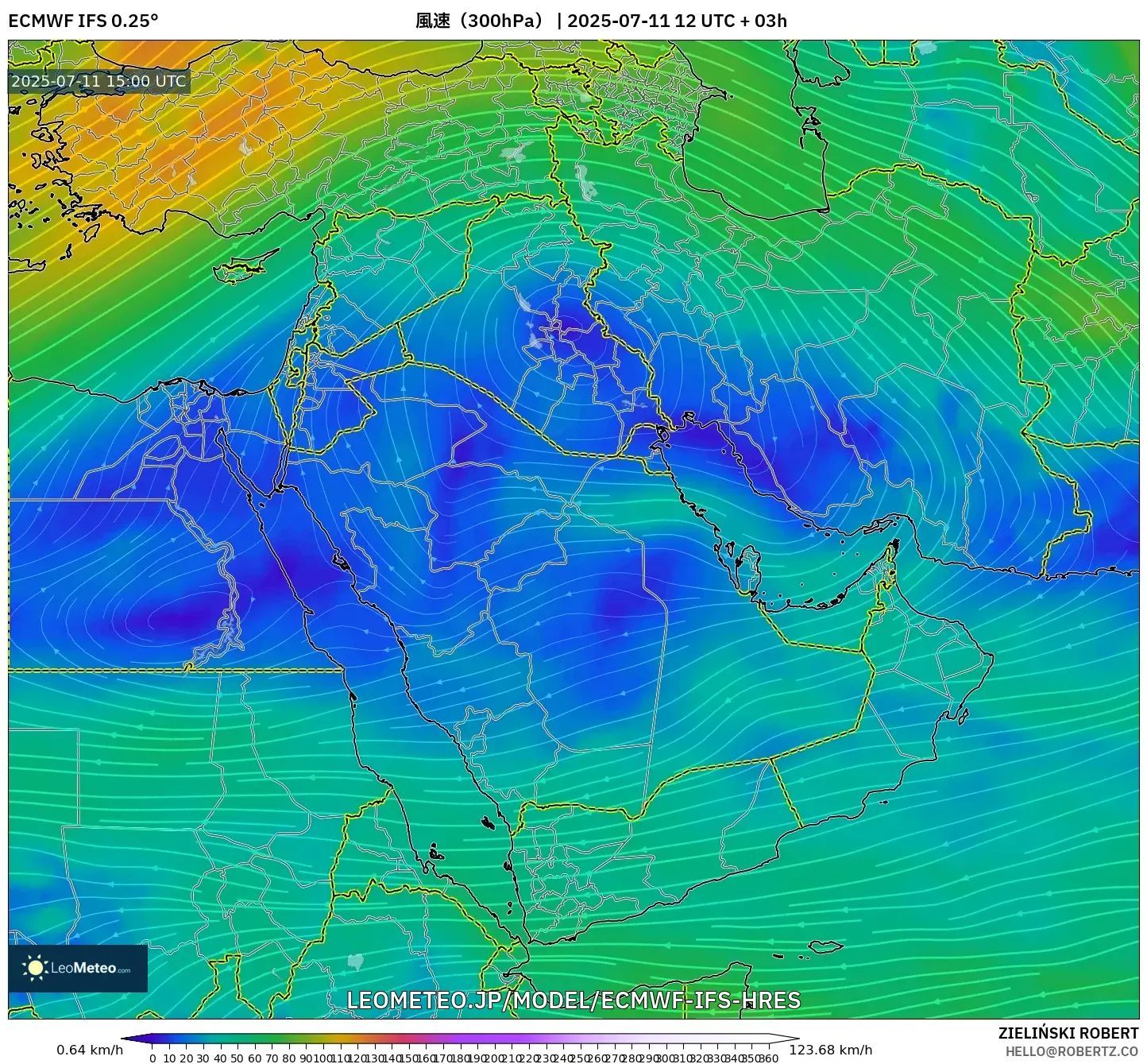 ECMWF IFS 0.25° model - 中東, 風速(300hPa) ECMWF IFS 0.25° model - 中東, 風速(300hPa)