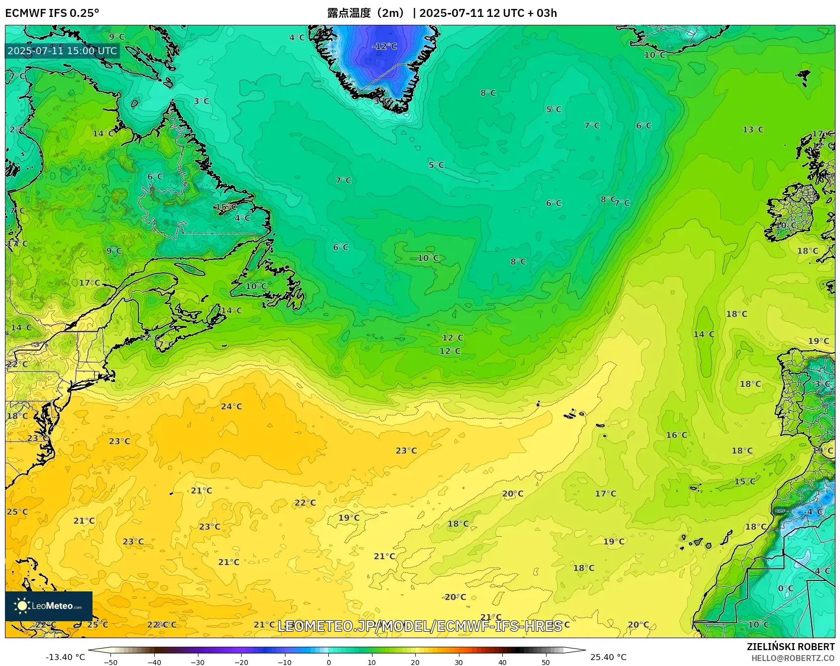ECMWF IFS 0.25° model - 北大西洋, 露点温度（2m）