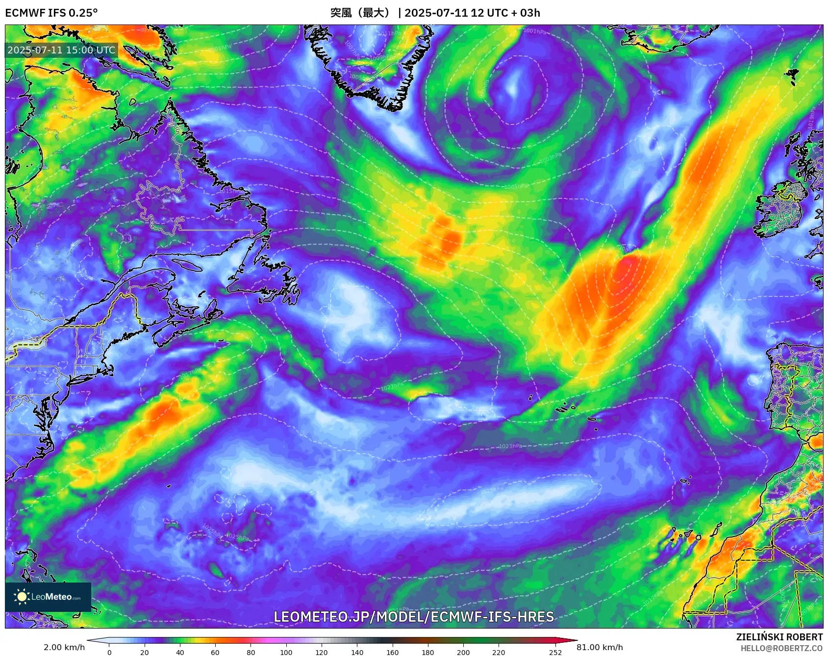 ECMWF IFS 0.25° model - 北大西洋, 突風(最大) ECMWF IFS 0.25° model - 北大西洋, 突風(最大)