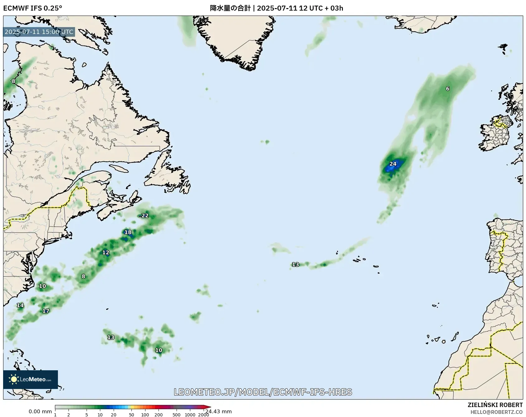 ECMWF IFS 0.25° model - 北大西洋, 降水量の合計 ECMWF IFS 0.25° model - 北大西洋, 降水量の合計