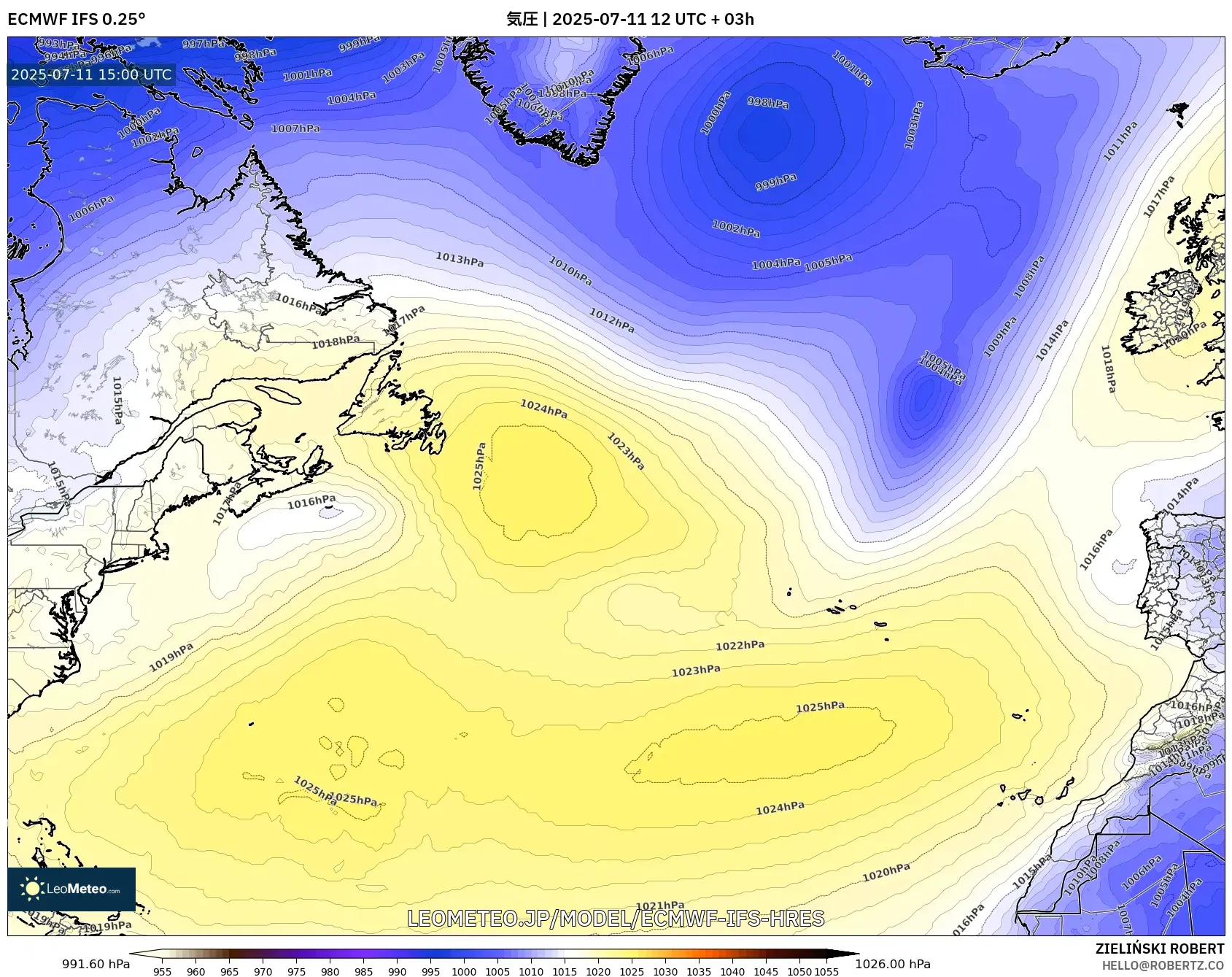 ECMWF IFS 0.25° model - 北大西洋, 気圧 ECMWF IFS 0.25° model - 北大西洋, 気圧